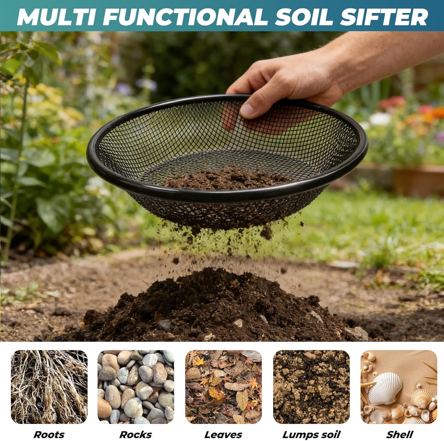 QwayHome 4Pcs Soil Sifter for Gardening, Heavy Duty Galvanized Steel Screen with 4 Aperture Sizes (2/4/6/8mm), Rust-Resistant Sifter Fits 5 Gallon Bucket for Compost, Dirt, Sand,Rock & Shell Sifting
