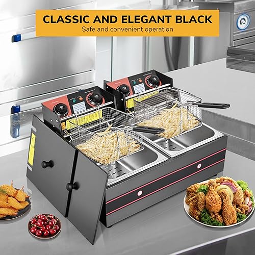 Miniatura 2 de WeChef Freidora comercial eléctrica de encimera de 5000 W con cesta de tanque doble 24 L de acero inoxidable negro restaurante comercial