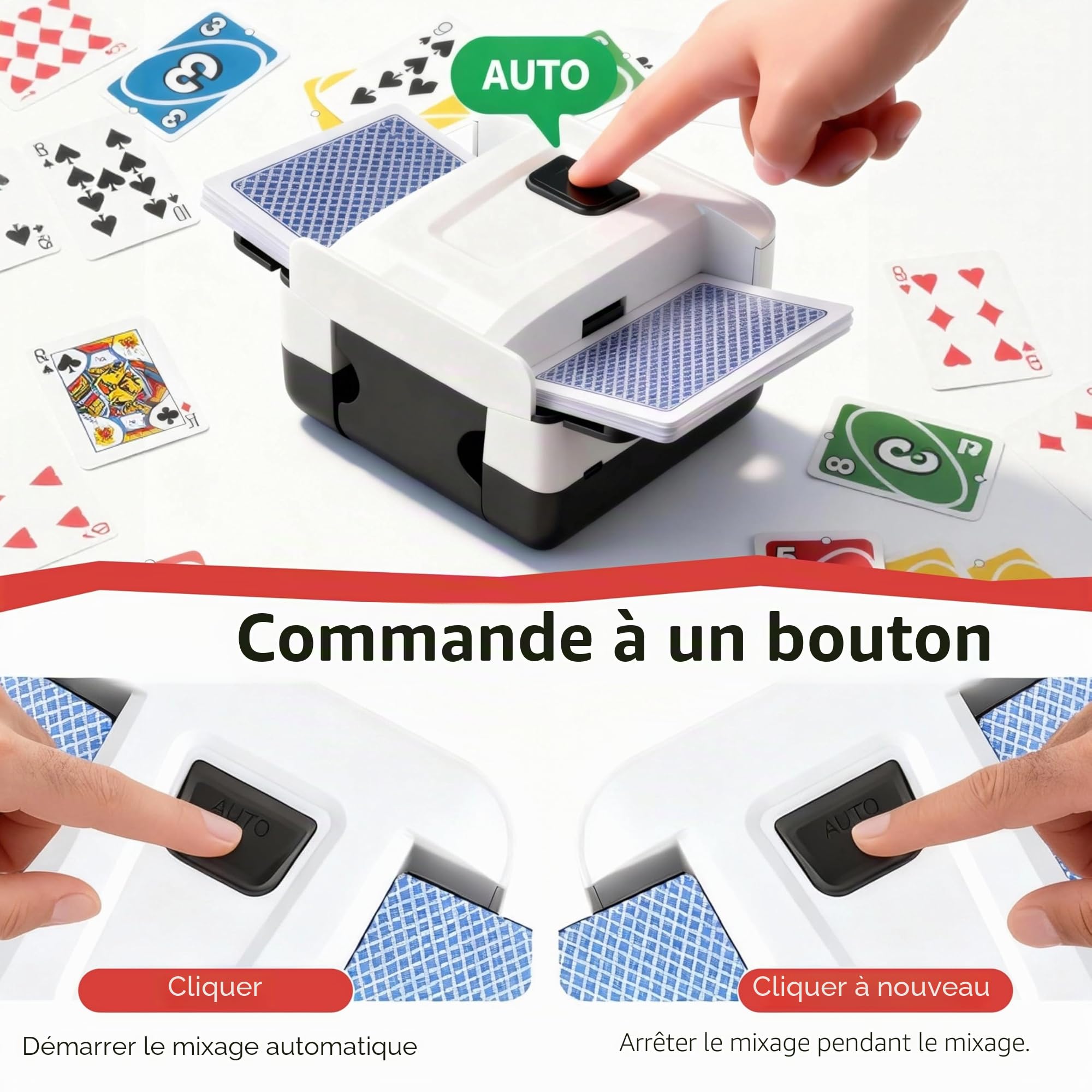 Mélangeur de cartes électrique - Mélangeur automatique de cartes, mélangeur de cartes pour 1-2 jeux de Poker Uniformément & sans pincement, Mélangeur de cartes pour UNO, Rommé
