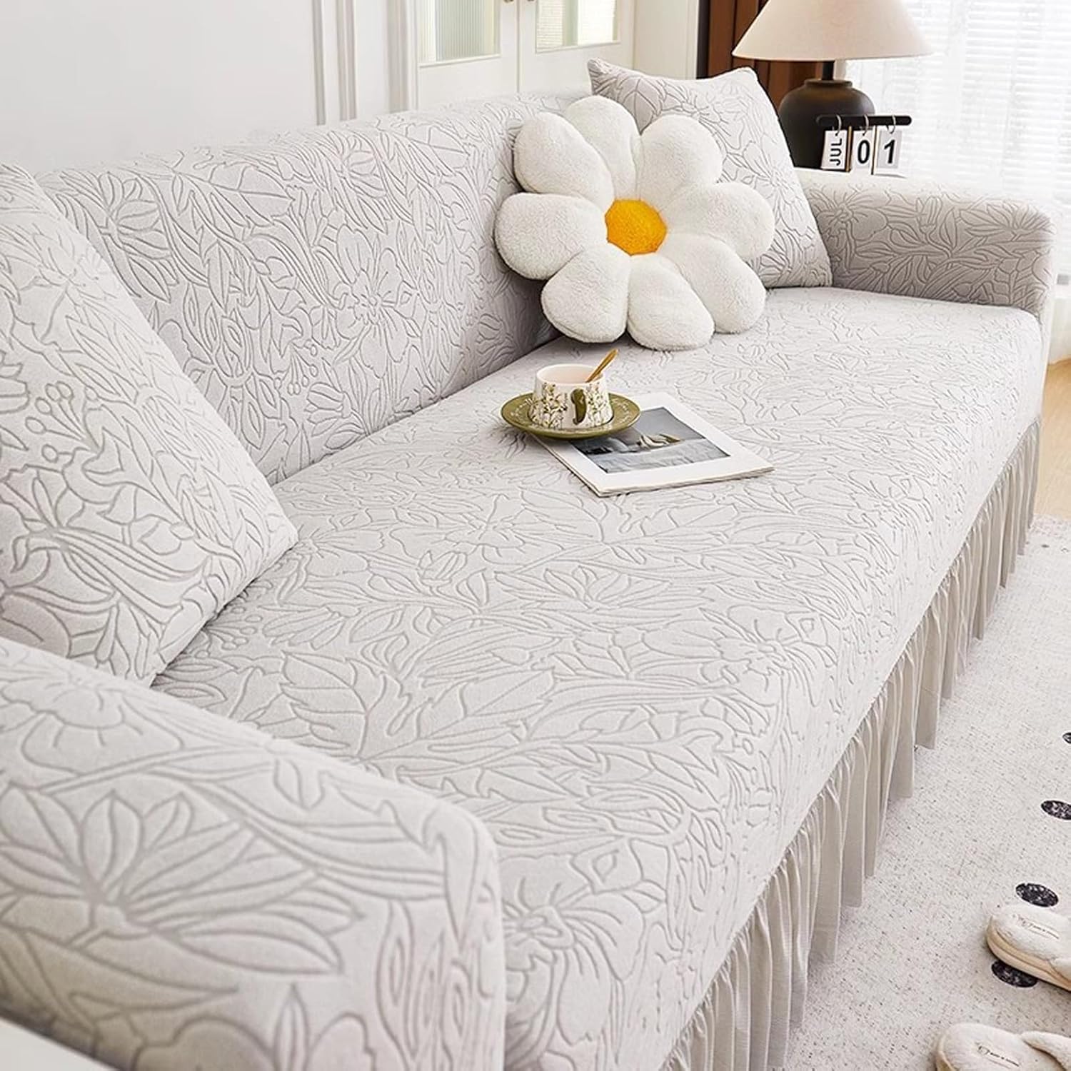 3D Floral Stretch Couch Protector, Pet Friendly Furniture Protector, Slipcover with Skirt for 4-Seater Sofas
