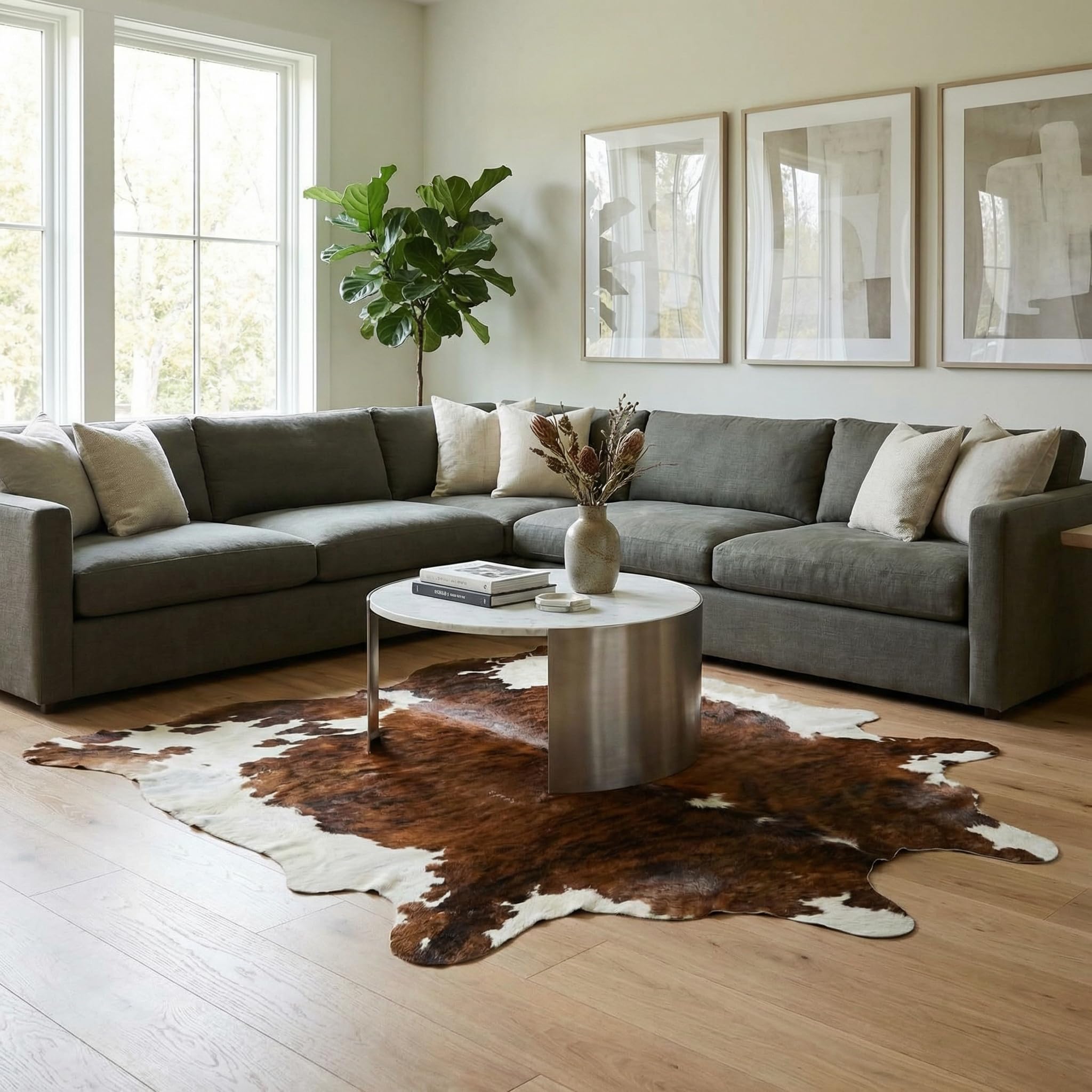 generisch Echtes Kuhfell Teppich – Rinderfell Tricolor Braun Weiß – Premium Qualität – Weich, Naturbelassen & Geruchsarm – ca. 220 x 200 cm – Dekofell für Wohnzimmer & Büro