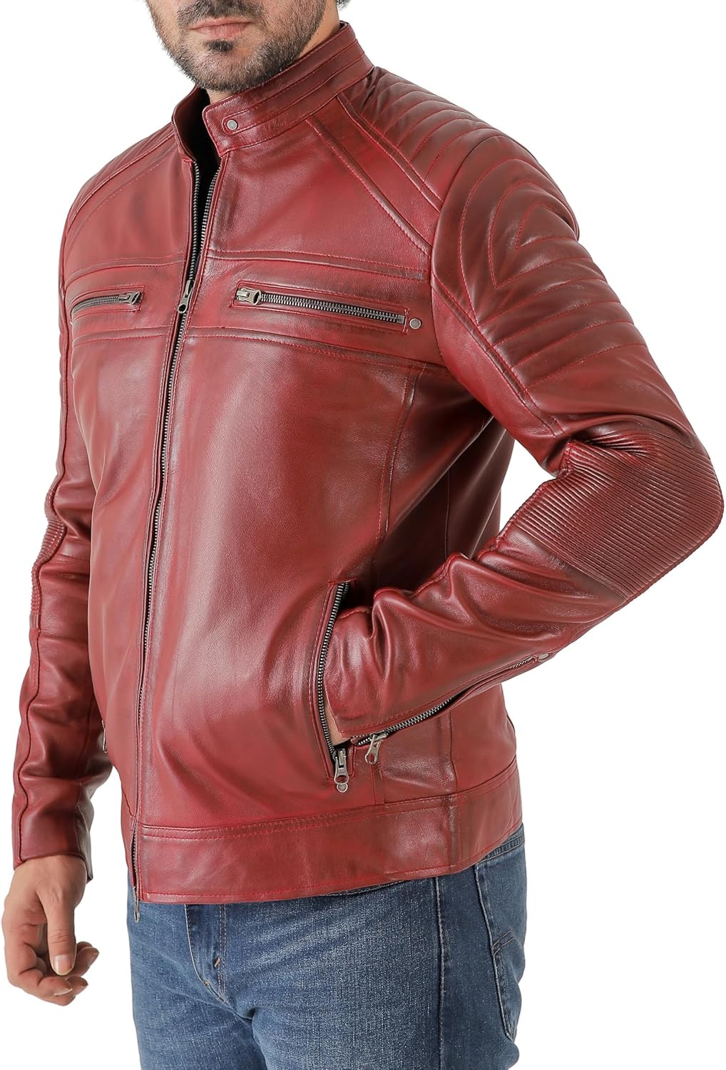 Jild Vintage Cafe Racer Leather Jacket Men - Hand Waxed Real Lambskin Leather Motorcycle Jacket - Image 3