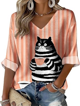 Women Cute Cat Graphic Shirt Floral Print 3/4 Sleeve V Neck Tops Casual Fashion Pullover Blouse Lightweight Loose