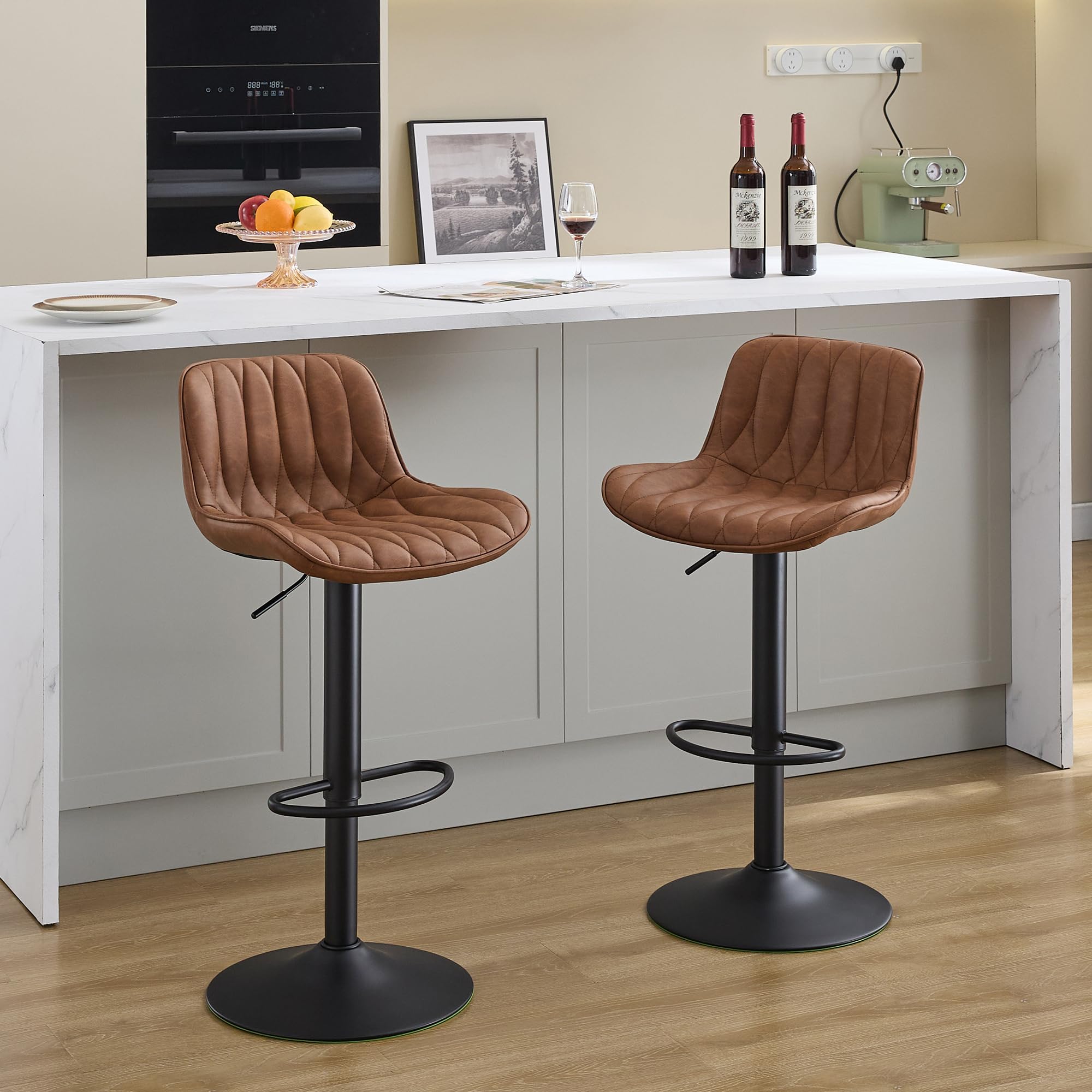 Swivel Bar Stools Set of 2, Brown Counter Height Bar Stools with Back, Adjustable Bar Stool 25"-33", Modern Faux Leather Barstools for Kitchen Island (Brown, 2PCS)