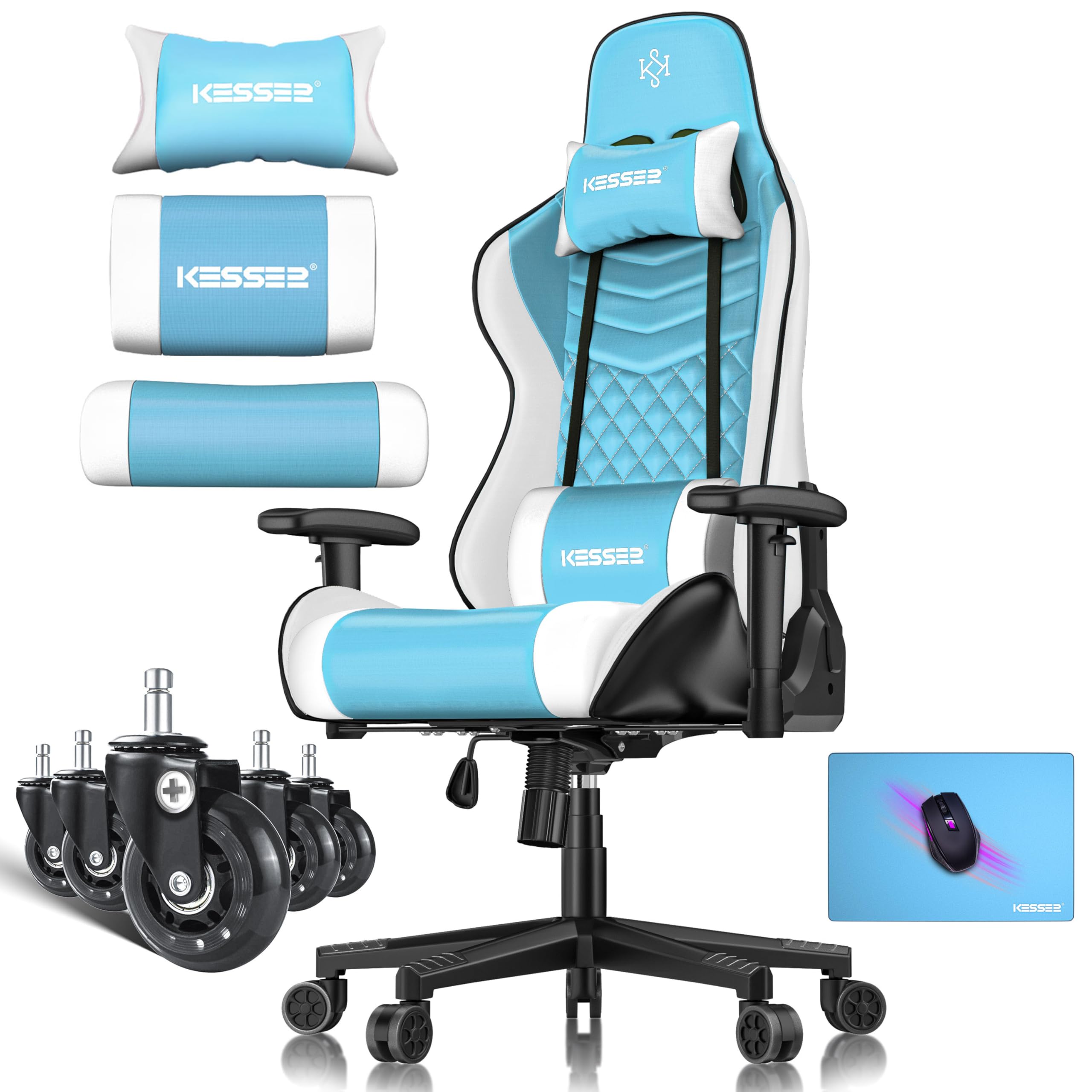 KESSER Sedia da gaming, ergonomica, da ufficio, con poggiatesta e cuscino lombare, portata 150 kg, bracciolo girevole a 360°, sedia da gioco e ruote in gomma
