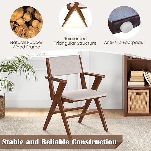 Miniatura 7 de Giantex Juego de 2 sillas de comedor de madera, sillas de cocina tapizadas de tela de lino con reposabrazos, marco de madera de goma, asiento y