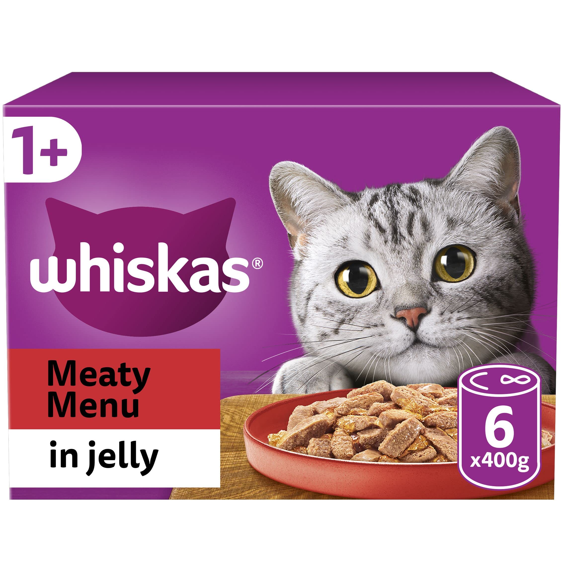 Whiskas 1+ Meaty Selection in Jelly 6 x 400 g Cans, Adult Cat Wet Food, Pack of 4