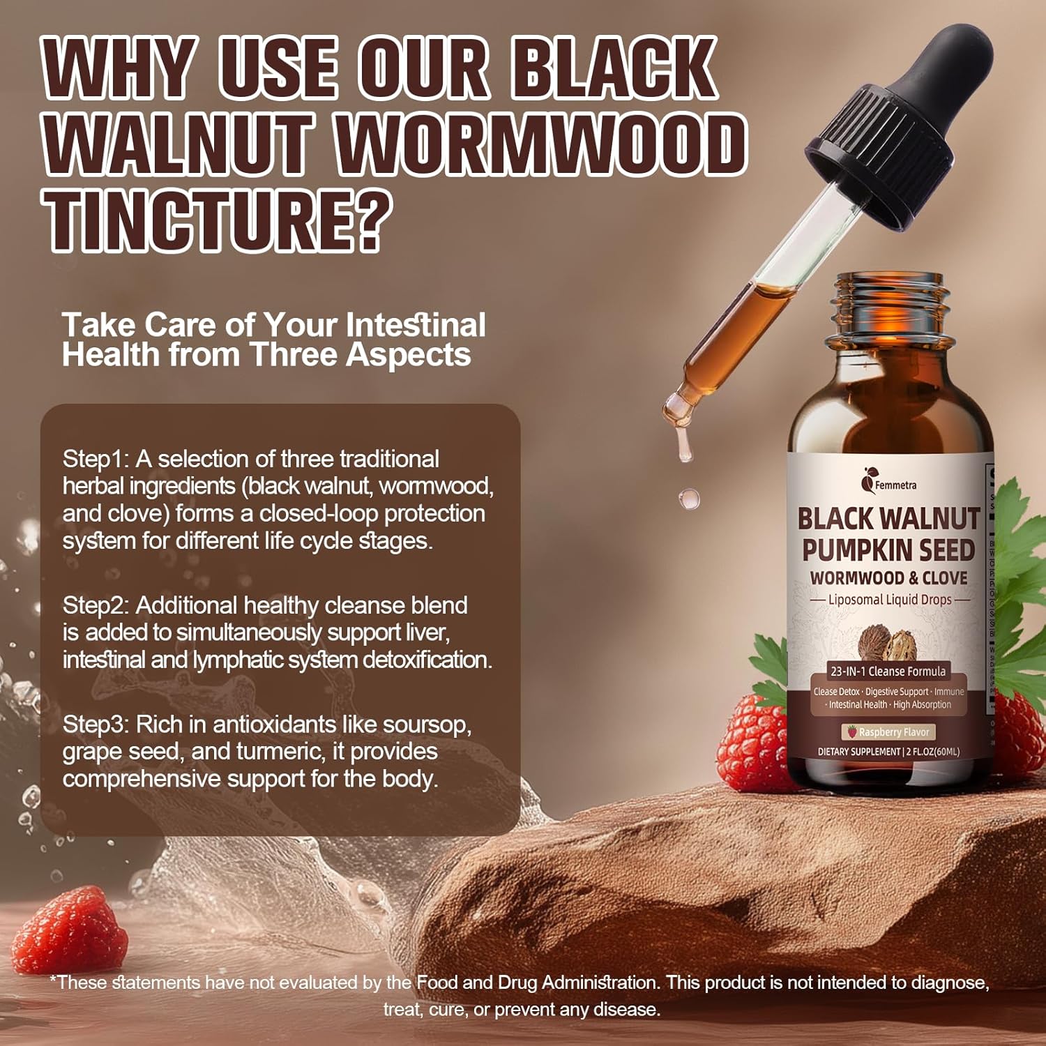 (2 Pack) Black Walnut Wormwood Clove Cleanse for Humans Drops, 23-IN-1 Gut Health Support Supplement with Pumpkin Seed, PAU D'Arco, Oil of Oregano etc for Elimination Detox, Raspberry Flavor, 4 FL OZ