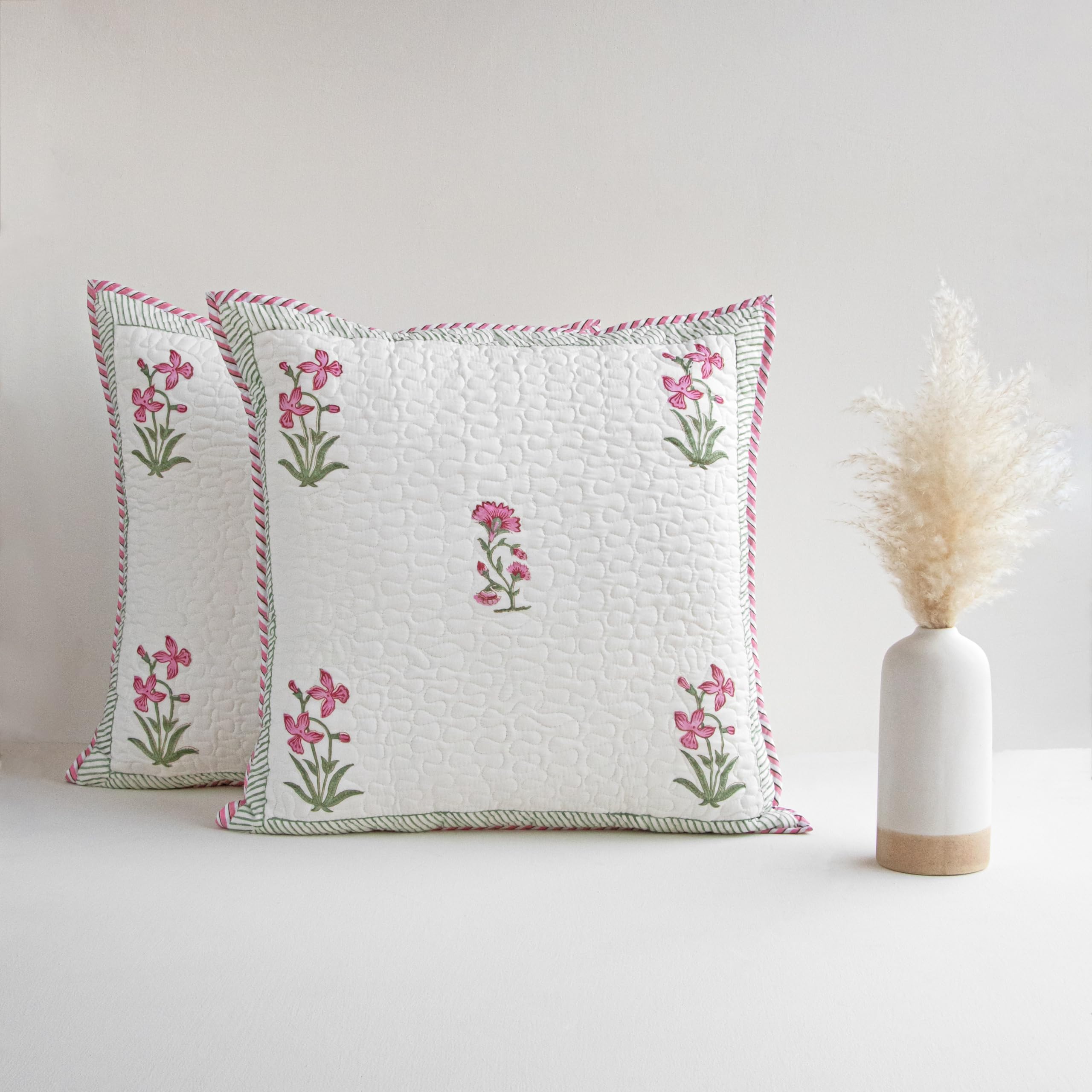 HOMEMONDE Pack Of 1 Floral Hand Block Print Soft Throw Cushion Cover - Pink 24 X 24 Inches Quilted Cotton 300 TC Sofa Pillow Case For Home Decor