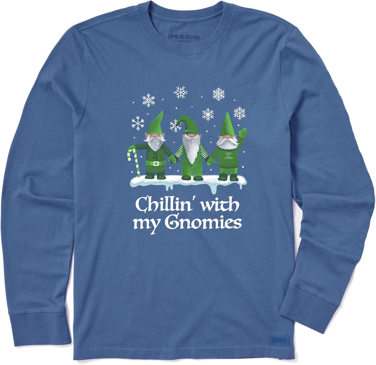 Life is Good Men's Crusher Holiday Tee Shirt, Long Sleeve Cotton Graphic T-Shirts, Green Gnomes