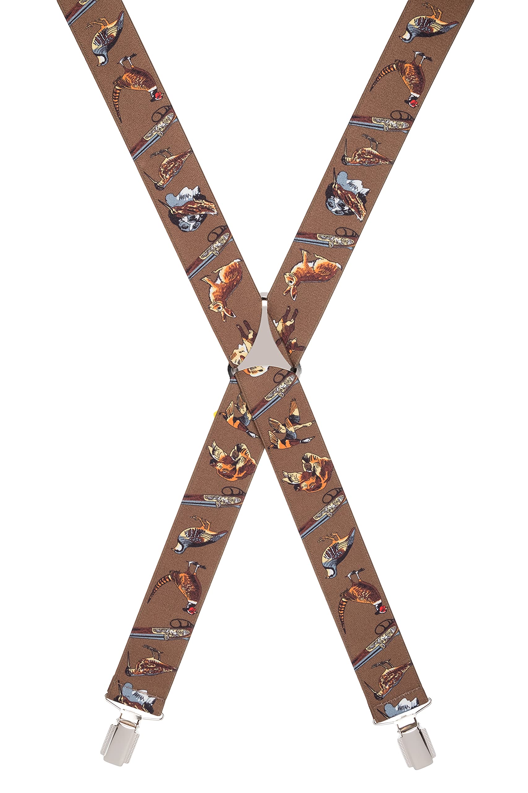 Bretelle per pantaloni da campagna, larghezza 35 mm, elastiche, 4 clip oro o argento, design e dimensioni assortite, per pesca, cervi, caccia, fagiani a tema