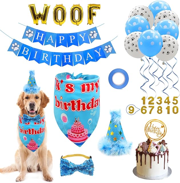 Dog Birthday Party Supplies, LMSHOWOWO Dog Birthday Bandana Boy, with WOOF Balloons Dog Birthday Hat Elastic Bow Tie Sticky Number Happy Birthday Banner Cake Topper for Small Medium Large Dogs (Blue)