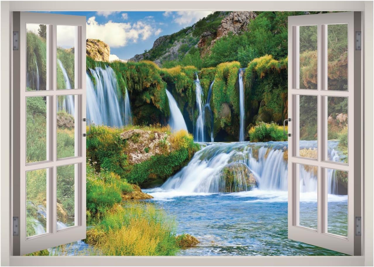 Mountain Waterfalls Cascades Nature View Window 3D Wall Decal Art Removable Wallpaper Mural Sticker Vinyl Home Decor West Mountain™ W190 (Medium (32''W x 23''H))