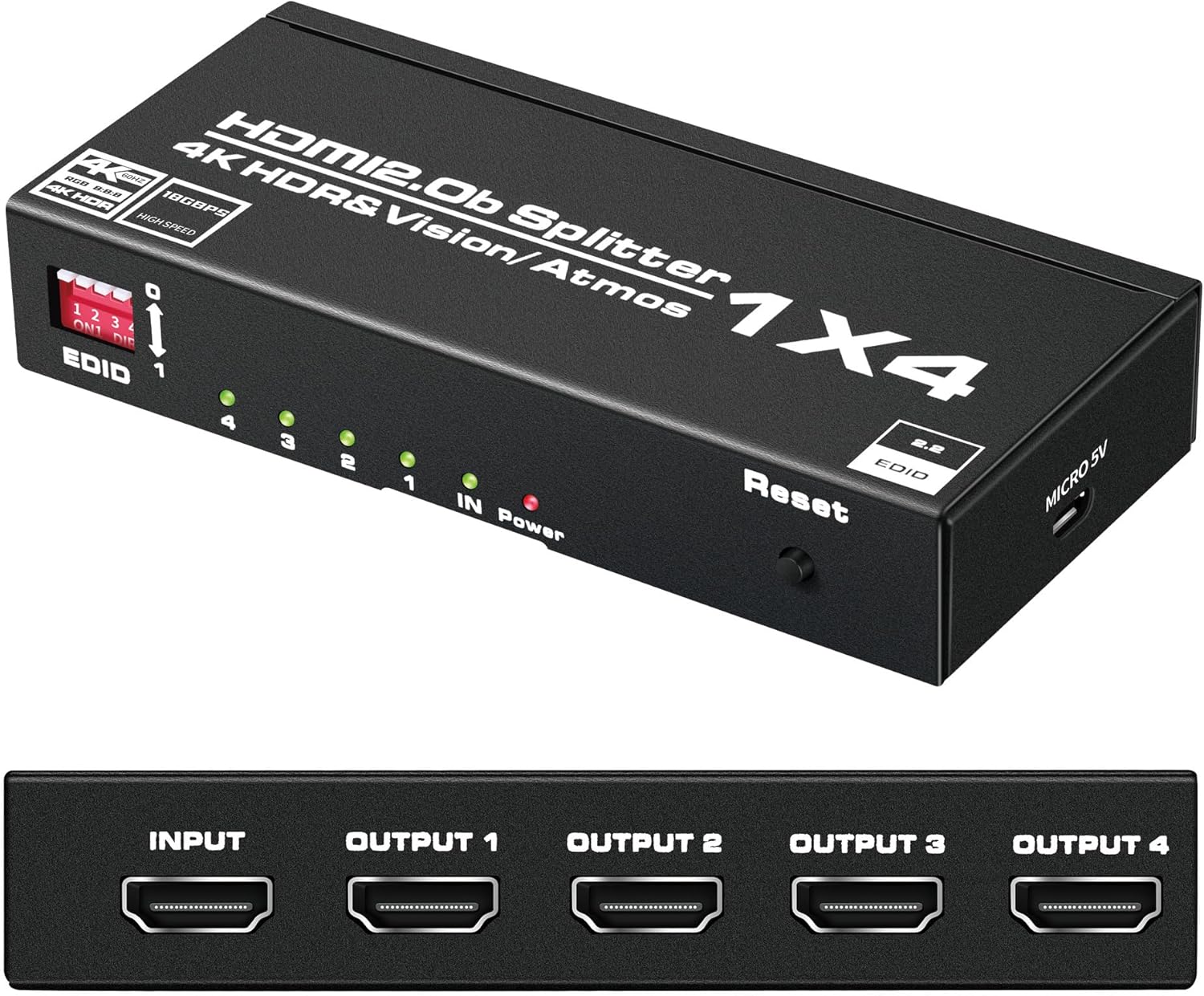 HDMI Splitter 1 in 4 Out V2.0 Powered HDMI Splitter with 4 Outputs,AC Adapter and EDID for Duplicate or Mirror Screen,Support 4Kx2K@60Hz,UHD and 3D,Compatible with PS4, Fire Stick,HDTV