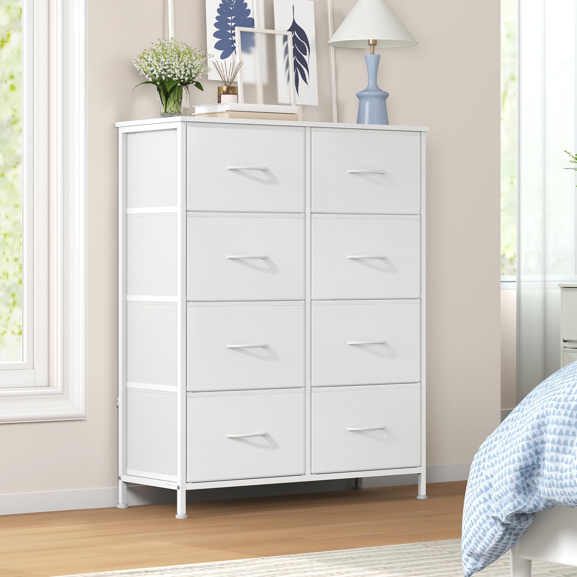 SONGMICS Chest of Drawers, 8 Fabric Drawers Storage Unit, Steel, MDF, Non-Woven Fabric, for Bedroom, Closet, Hallway, Living Room, Cloud White and Snow White LGS124WH01