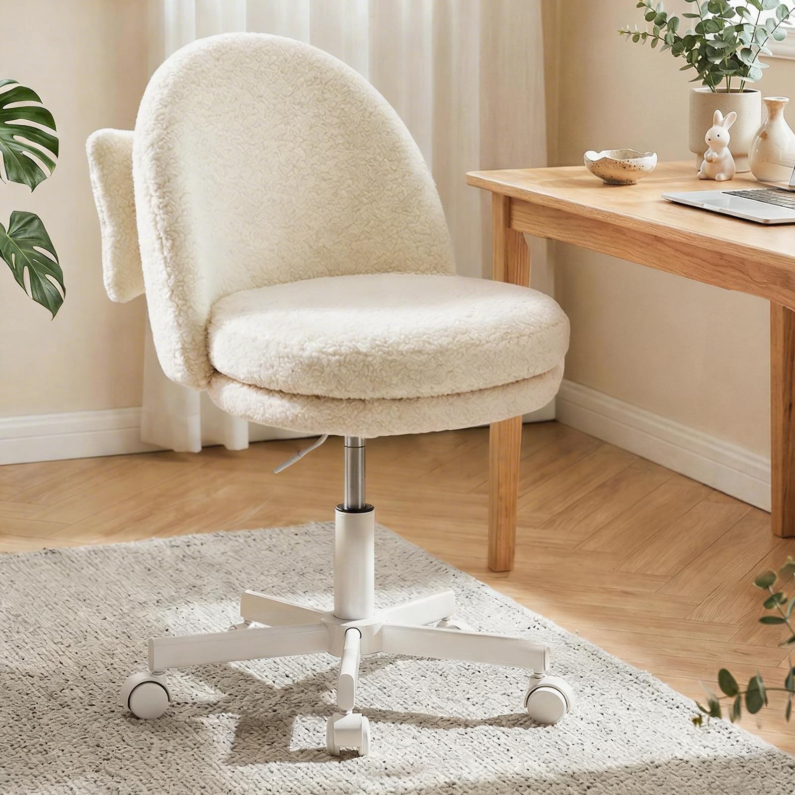 GTPOFFICE Vanity Chair with Back, Adjustable Tall Office Chair High Swivel Bar Stools Fluffy Cute Desk Chair Comfy with Wheels Bow Pillow Armlees for