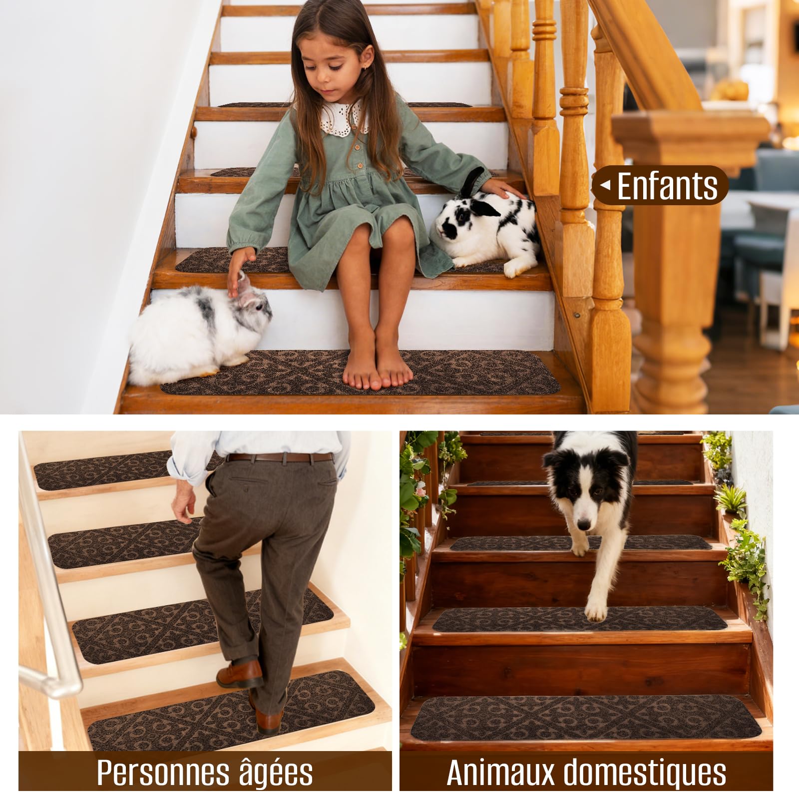 Lot de 15 tapis d'escalier autocollants et antidérapants - 76 x 20 cm - Pour l'intérieur - Idéal pour les enfants, les personnes âgées et les animaux domestiques (fleur carrée marron)