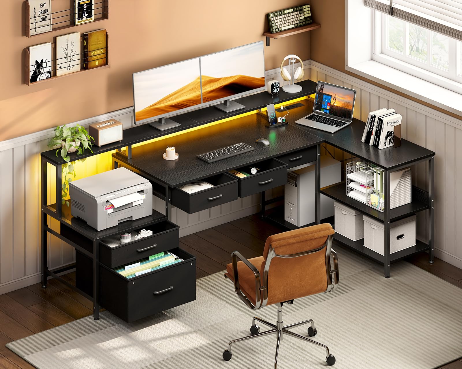 Coleshome Bureau met 8 Stoffen Laden, 140 x 48 cm, Bruin Bureau met Opbergruimte, Computertafel, Bureautafel, PC-Tafel, Kantoortafel voor Kantoor, Woonkamer, Thuiskantoor