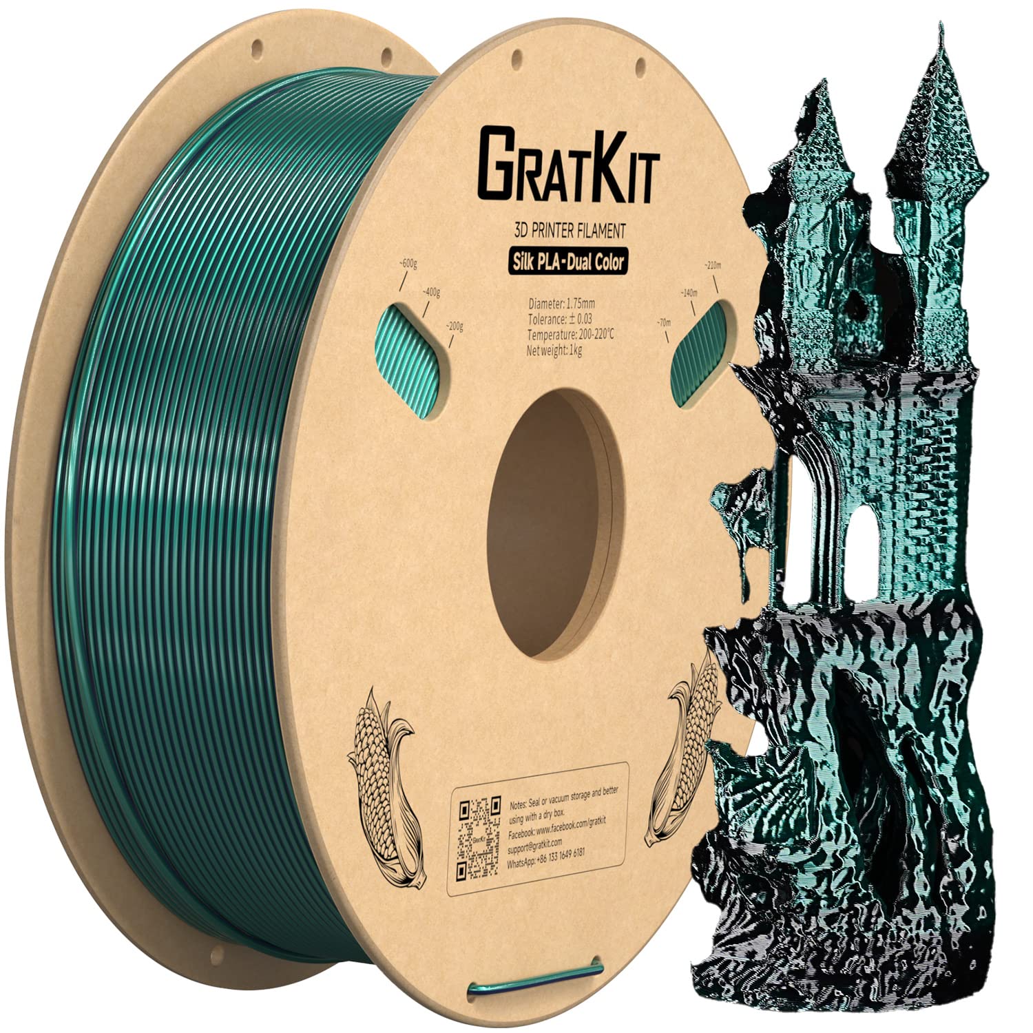 Gratkit Silk Dual Color PLA Filament, Coextrusion PLA Filament 1.75mm, +/-0.03mm, 1KG/Roll, Silk PLA Black &amp; Green