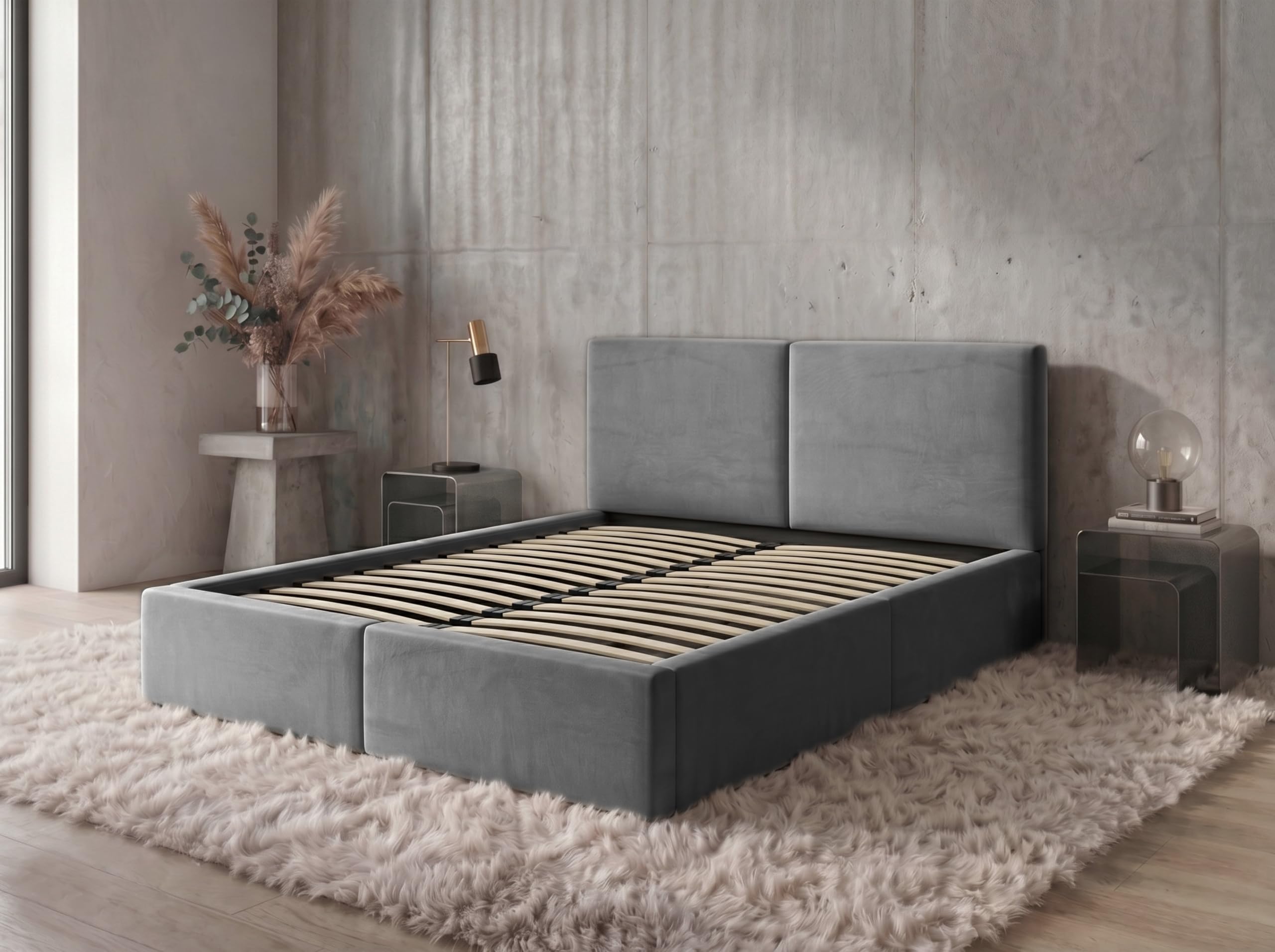 Interbeds Polsterbett 120x200 cm mit Bettkasten und Lattenrost – Stauraumbett Doppelbett in Grau Pflegeleichter Samtbezug Gepolstertes Bettgestell belastbar bis 300 kg ohne Matratze (Grau, 120x200)