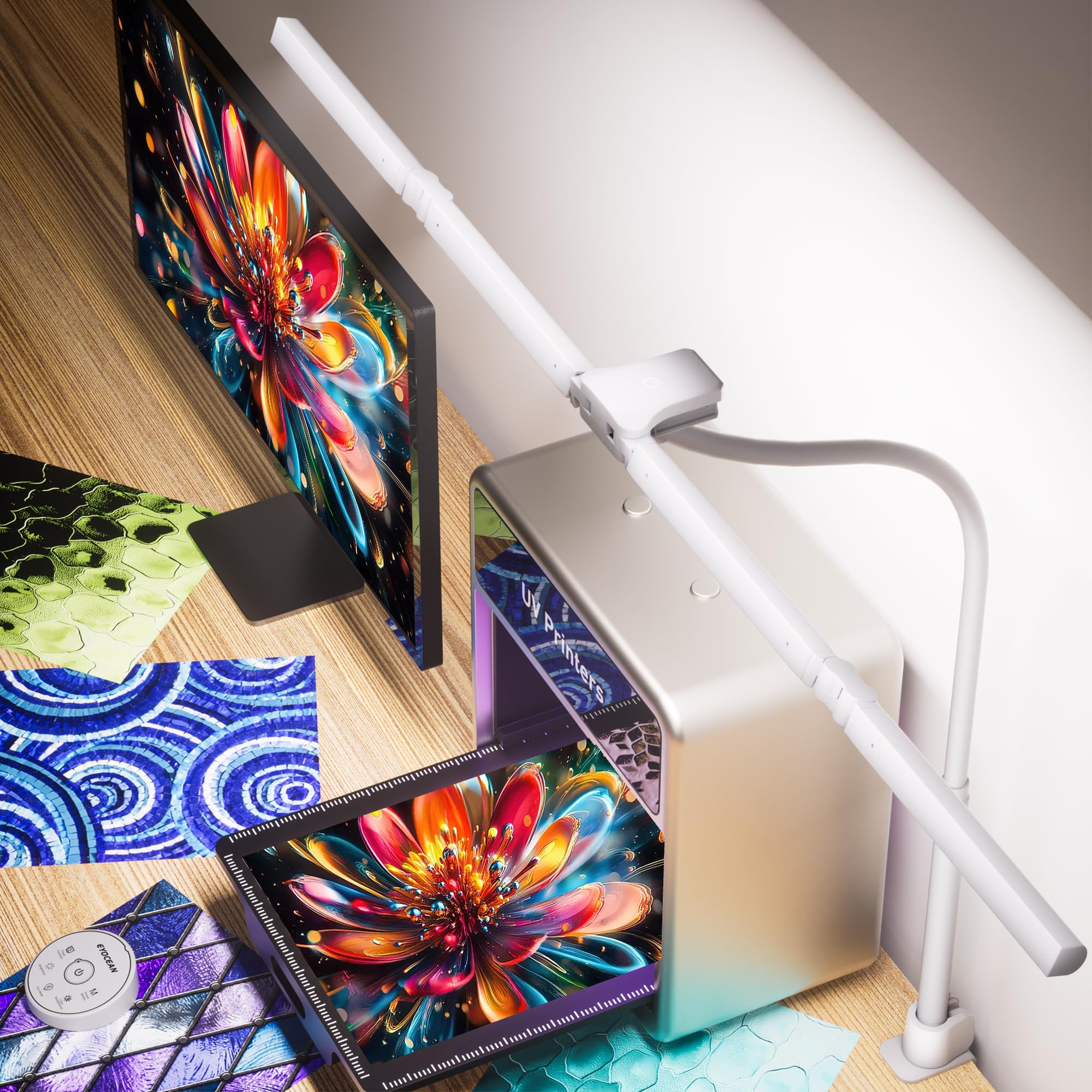EYOCEAN Lampada da scrivania, lampada da scrivania con 4 sorgenti luminose, 24 W, 100 cm, luce diurna da scrivania con telecomando, lampada da monitor dimmerabile, a collo di cigno, lampada da tavolo