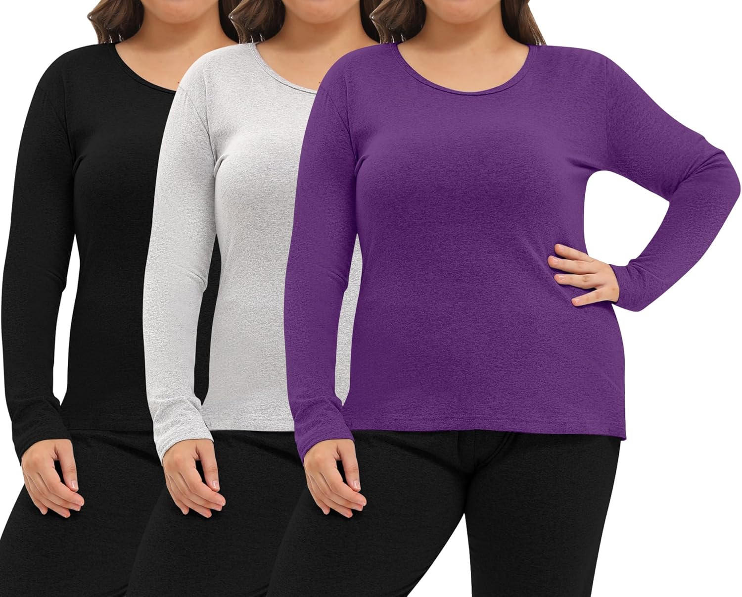 Patelai 3 Pack Women Plus Size Long Sleeve Thermal Shirts Undershirt Fleece Lined Underwear Top Women Crew Neck Base Layer