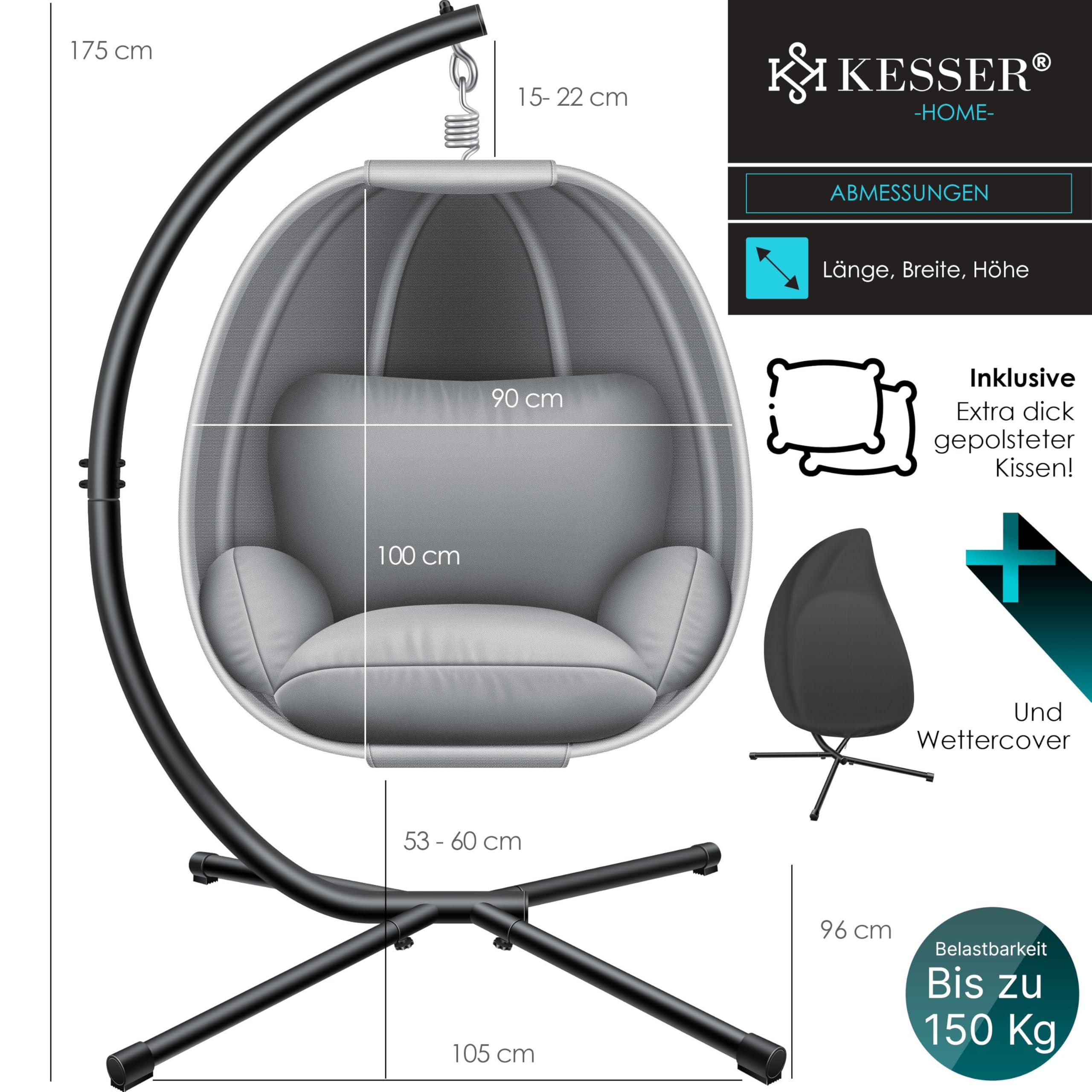 KESSER® Luxe Hängesessel mit Gestell + weiches Sitzkissen und Abdeckung, Seitenpolsterung, Rückenkissen Hängekorb Indoor & Outdoor, Garten Schaukel Hängestuhl Stabiler Standfuß, max. 150 kg Grau