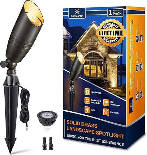 Gardenreet Foco de paisaje de latón macizo luz vertical direccional de bajo voltaje de 12 V para exteriores con bombilla LED MR16 de 5 W 2700 K
