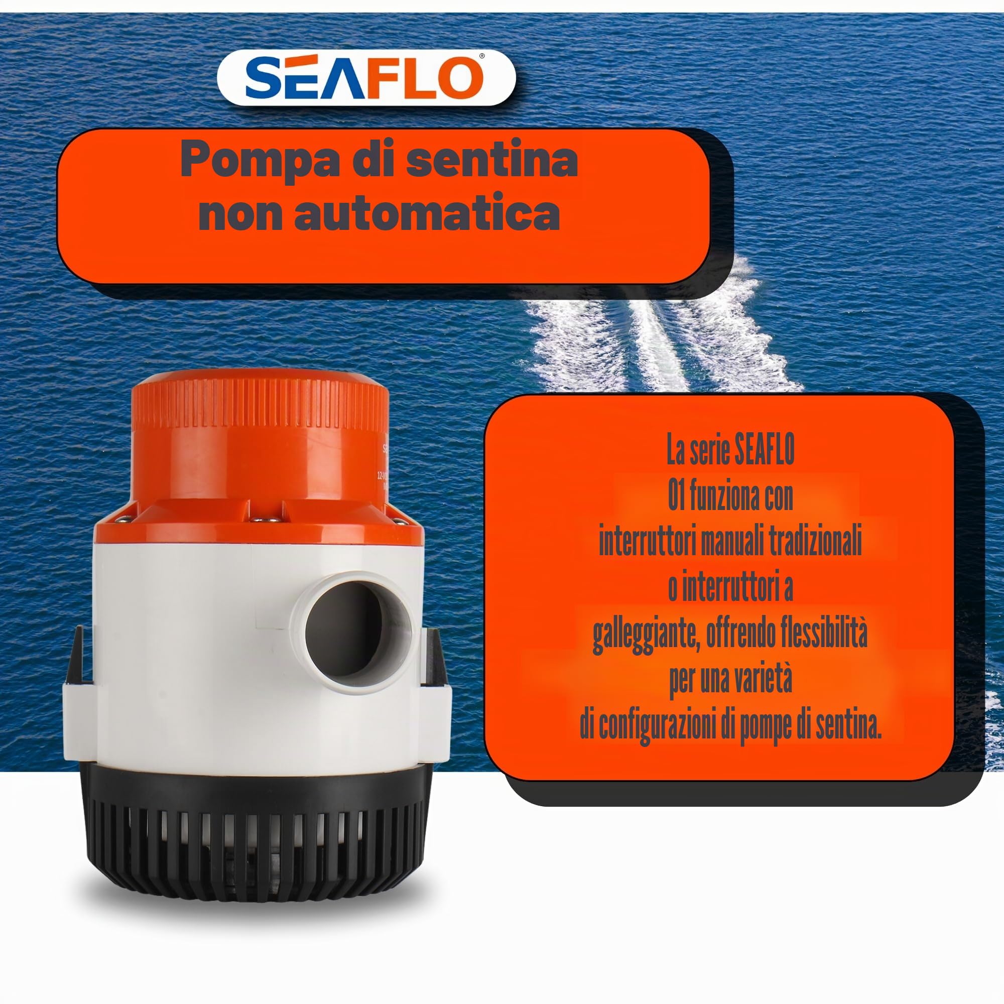 SEAFLO Pompa di sentina 01 Series 4700 GPH - 12 V, uscita da 2", pompa sommergibile marina, protezione anti-sas, base filtro rimovibile, certificato CE e RoHS
