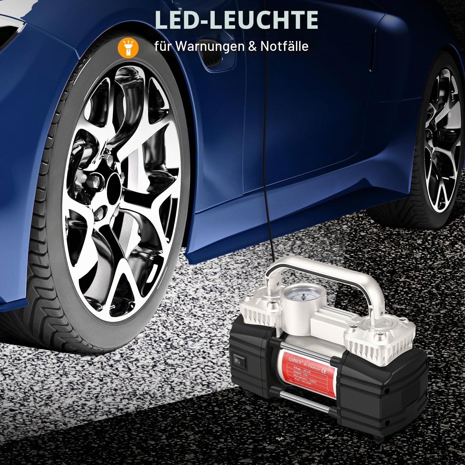 GSPSCN Tragbare Doppelzylinder Kompressor 12V Elektrische Luftpumpe 150PSI | 6x Schneller,Hochleistungs-Luftkompressor,Metall Reifenpumpe für PWK,SUV,LKW,Fahrräder,Wohnmobil,Kleintransporter,Bälle
