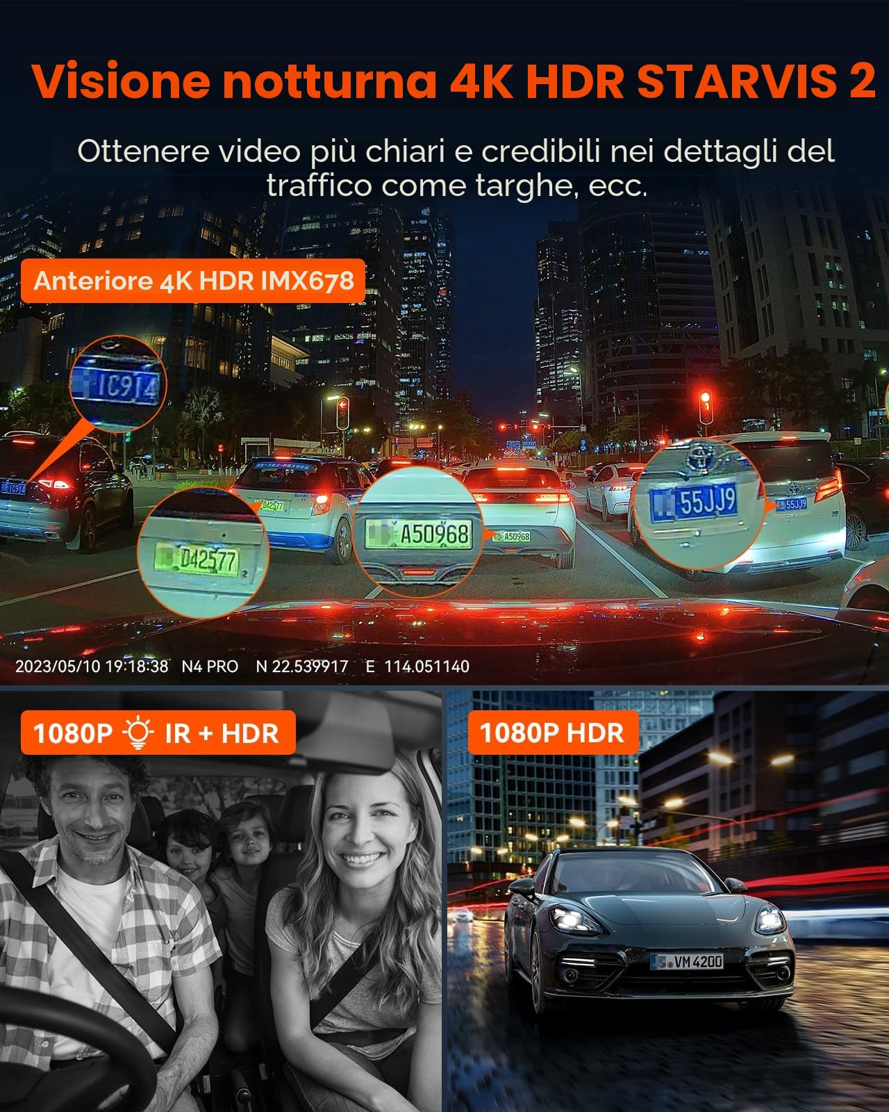 VANTRUE N4 Pro 4K +1080P+1080P 3 Lent STARVIS 2 Sensor Dash Cam, 5GHz WiFi GPS Telecamera per Auto, 3xHDR IR Dashcam Auto, Controllo Vocale 24h. Modalità di Parcheggio Buffer, 3.19” IPS Max 512G