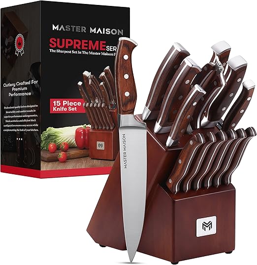 Master Maison 15-Piece Kitchen Knife Set with Block - Knife Set - Stainless Steel Knives with Sharpener and 6 Steak Knives (Walnut)