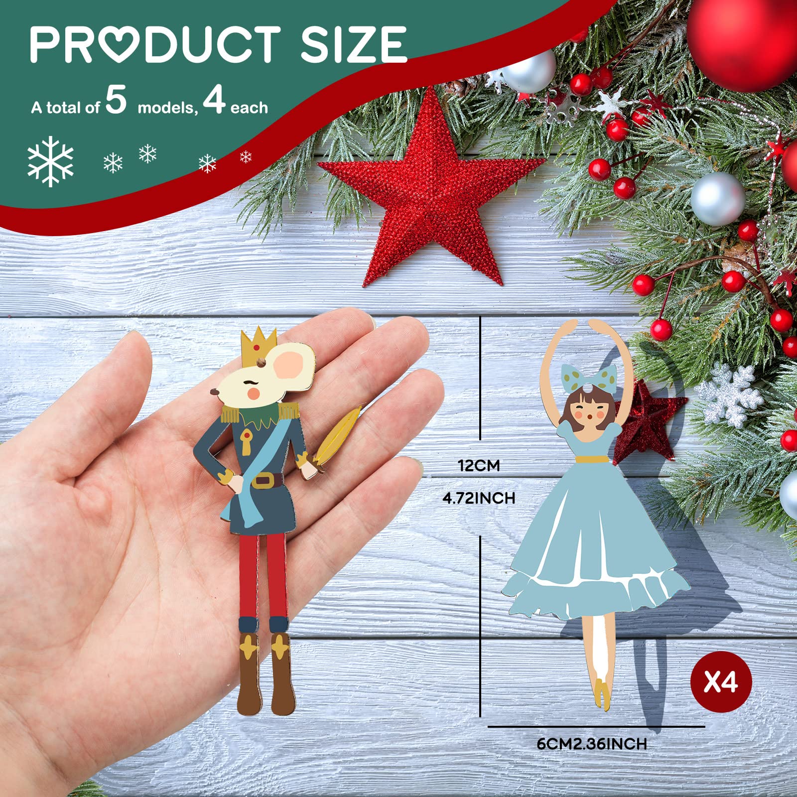 Soaoo 60 Pcs Christmas Nutcracker Ornaments Wooden Nutcracker Christmas Tree Hanging Decorations King Soldier Figures Ballerina Ornaments for Home Xmas Tree Party, 5.51 Inch