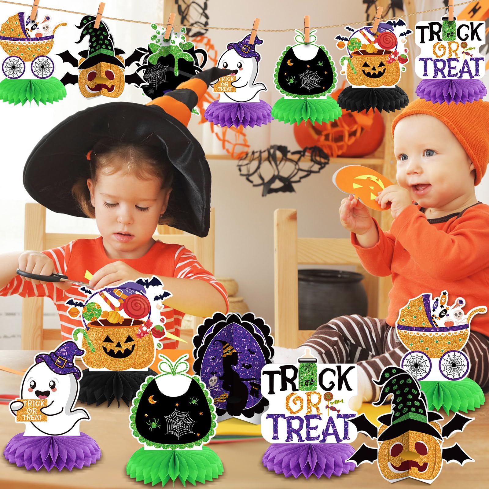 12 Pcs Halloween Baby Shower Centerpieces - A Baby Is Brewing Honeycomb Decorations For Gender Reveal