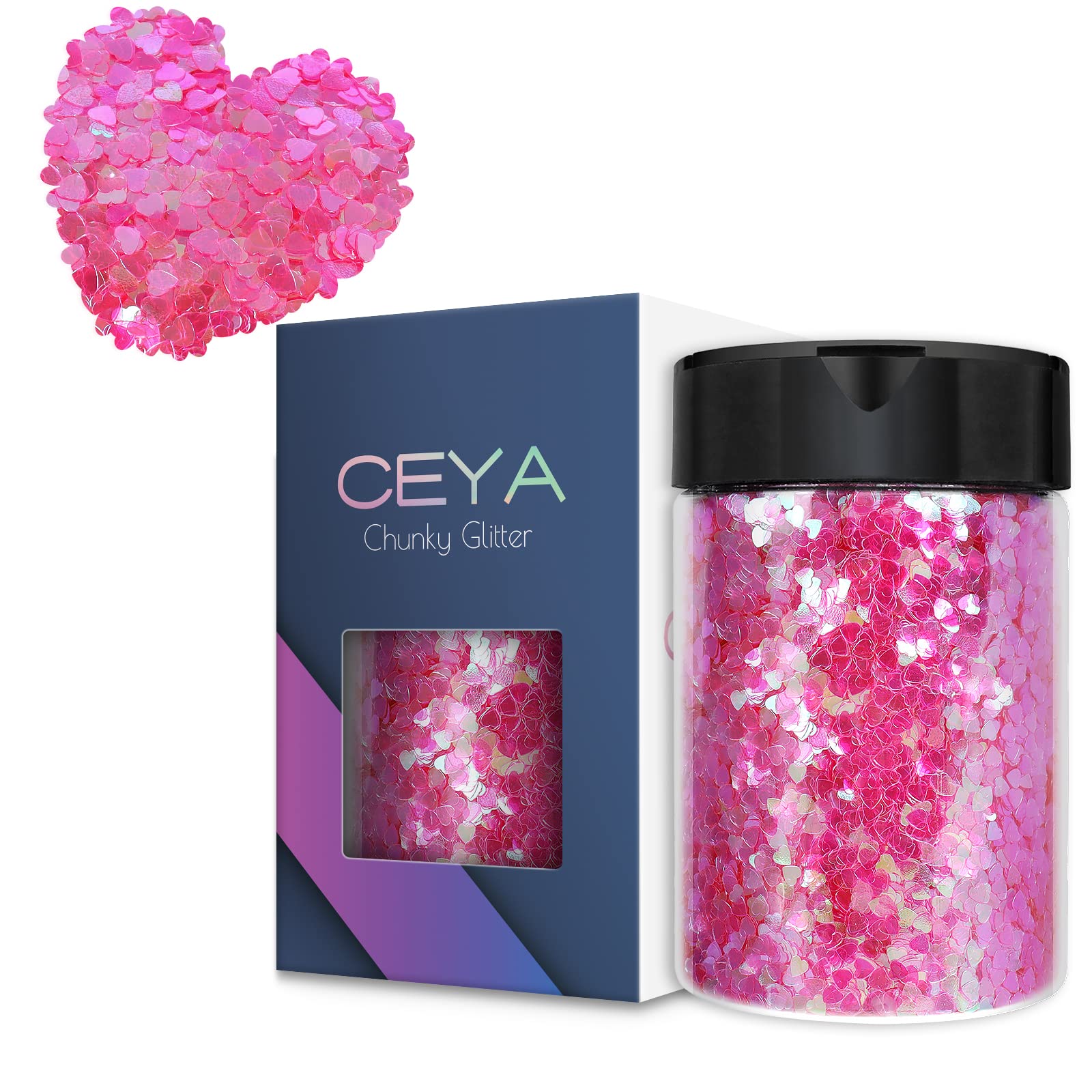 Ceya Loving Heart Shape 3mm Confetti Glitter, 4.9oz/ 141g Colorful Pink Chunky Glitter Resin Sparkle Flakes Iridescent Heart Nail Sequins for Mother's