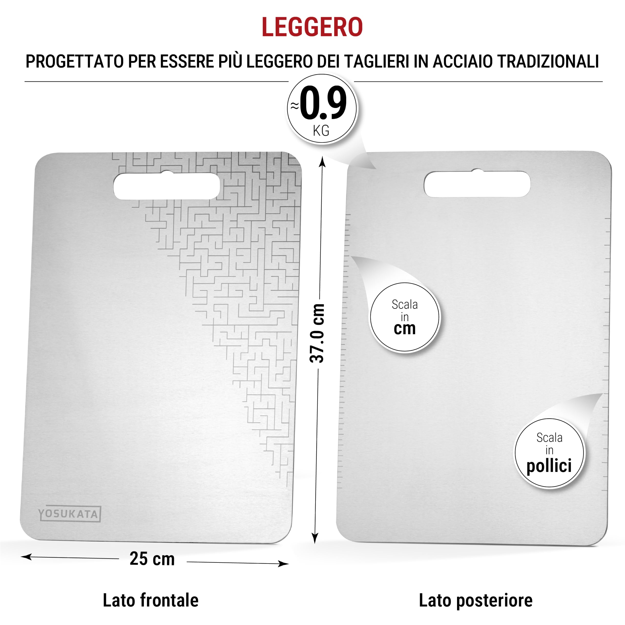 YOSUKATA Tagliere Acciaio Inox Alimentare 37x25 cm - Doppia Faccia Tagliere | Professionale con Foro per Appenderlo Scala cm e Pollici -Lavabile Lavastoviglie - Spianatoia Cucina Igienico e Atossico