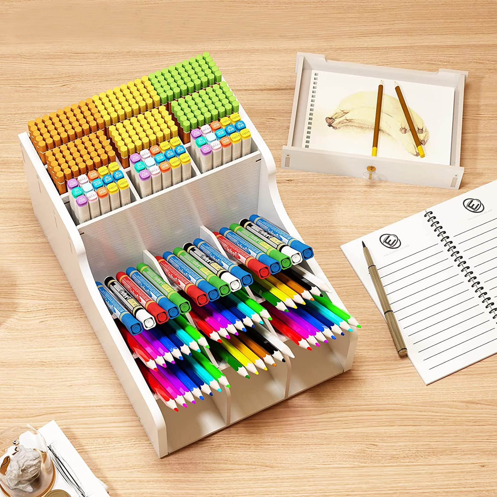 Mnkyer Organizzatore da Scrivania in Legno Scatola di Penne da Scrivania Multifunzione per Desktop in Casa Forniture per Ufficio Scolastico con Cassetto (Bianco-b16)