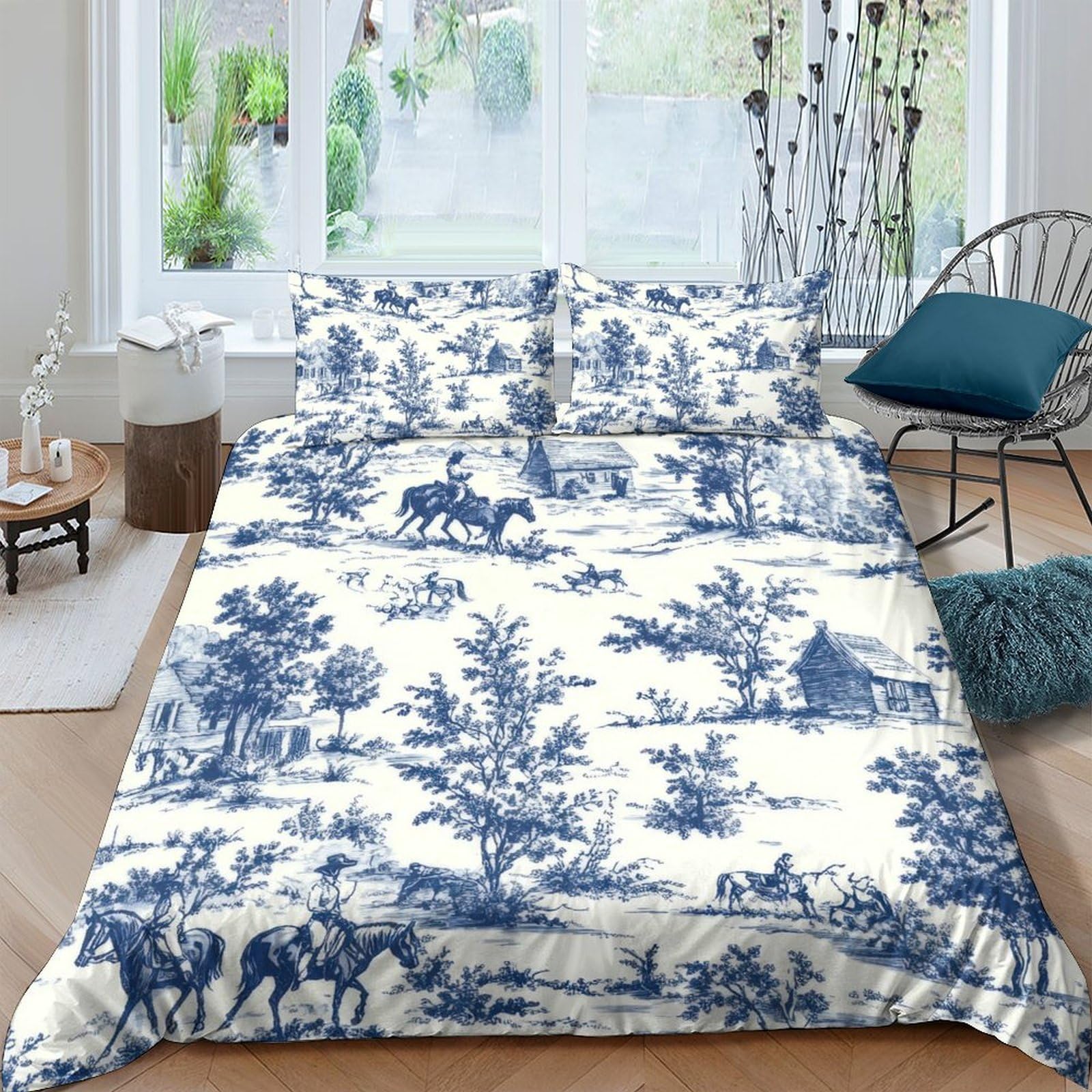 Ctjqhvkz Style-6 3D Printed Blue Toile De Jouy Fitted Sheet Microfiber Soft Bedroom Protective Scenic Landscape Mattress Cover Decor Single（135X200cm）