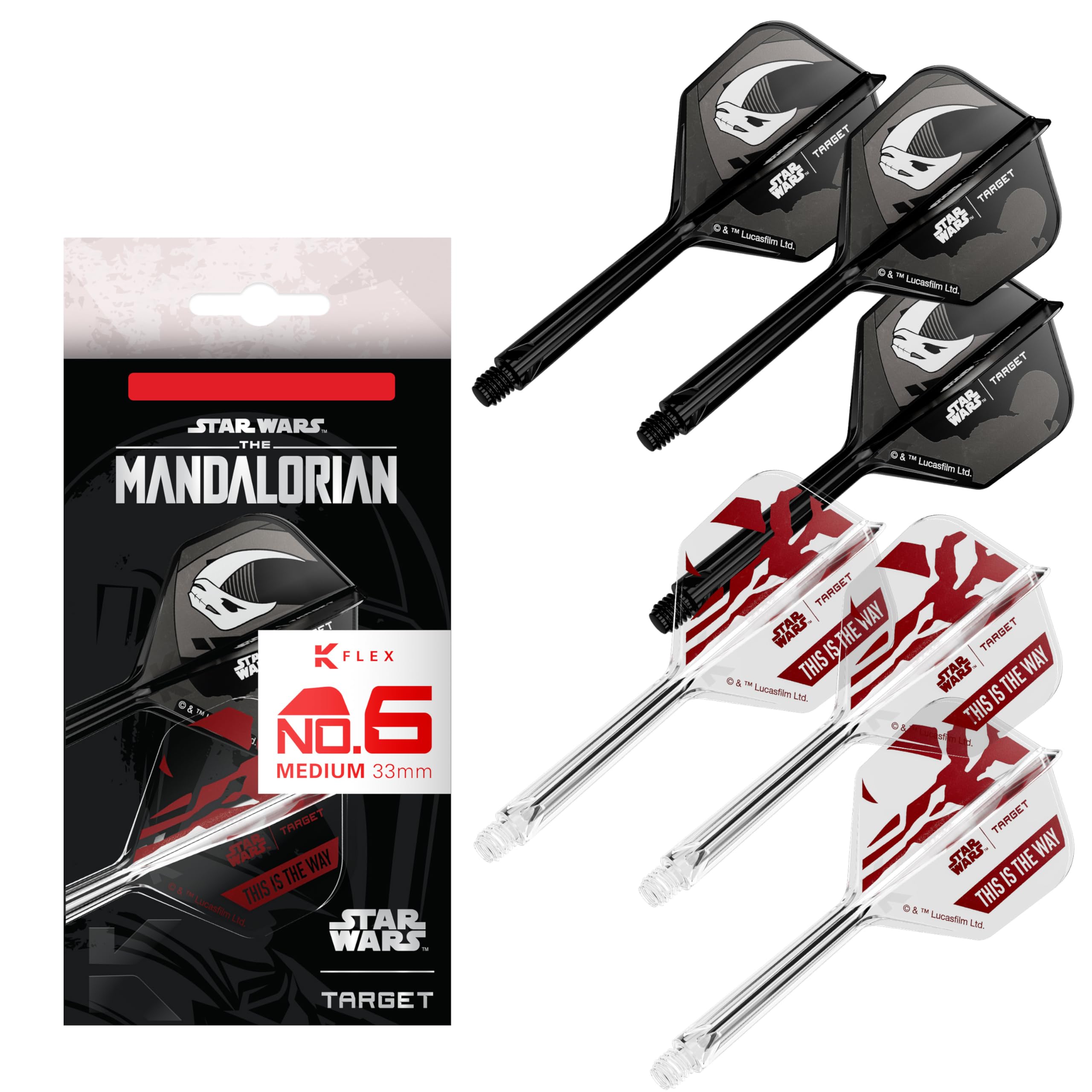 Target Darts Star Wars Mandalorian K-Flex integrierte Dart Flights & Shafts | Von Charakteren inspiriertes 3er-K-Flex-Set, No.2 & No.6 | Disney K-Flex Zubehör in Short, Intermediate & Medium