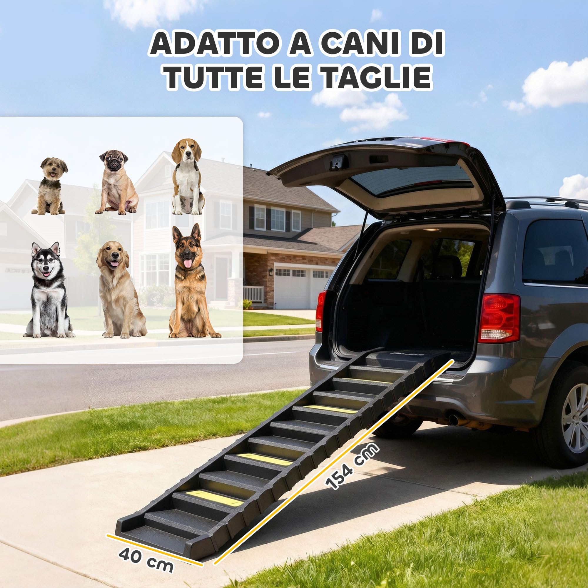 PawHut Rampa Pieghevole per Cani per Auto e Letti Alti, Scala per Cani Portatile a 10 Gradini con Strisce e Piedini Antiscivolo, Leggera, Supporta Fino a 68 kg, Nero