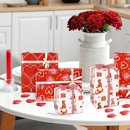 Miniatura 6 de JarThenaAMCS 12 hojas de papel de regalo para el día de San Valentín, papel de regalo de gnomo de corazón, papel de regalo plegado plano rojo para