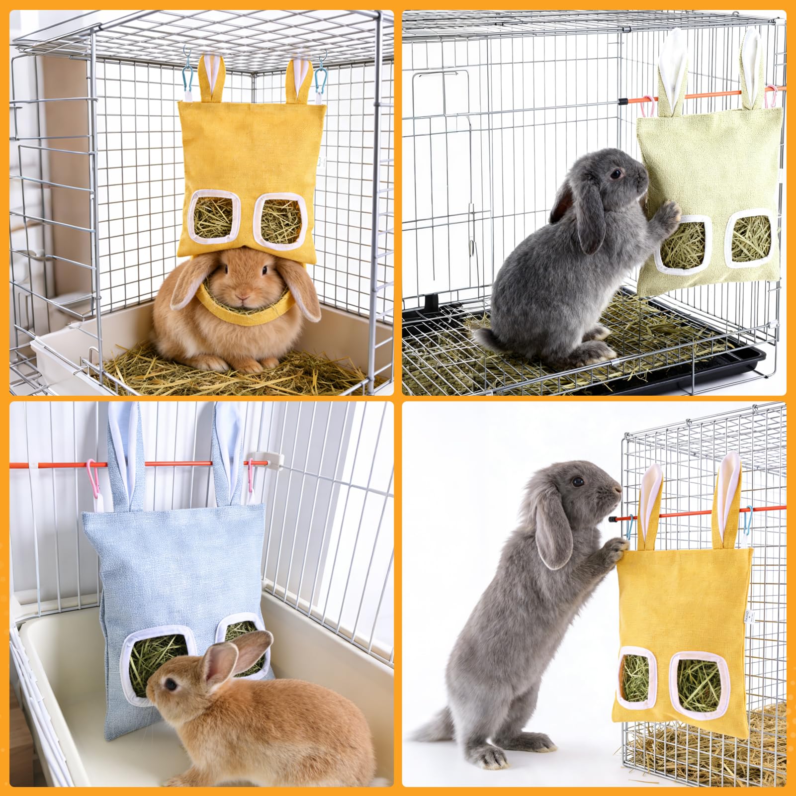 2 Pack Rabbit Guinea Pig Hay Feeder, Cute Bunny Hay Bag, Hanging Hay Holder for Guinea Pig Cage, Hay Feeder for Rabbits Chinchillas Hamsters Small Pets and Animals (Yellow & Blue) - image 6