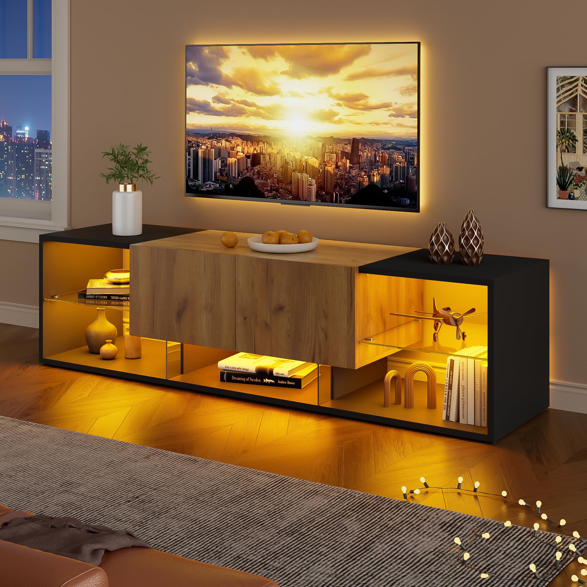 Szafka pod telewizor z szufladami, otwarte półki na telewizor o przekątnej do 70", długość 160 cm, do salonu, sypialni, kredens, dużo miejsca do przechowywania, nośność 40 kg, kolor czarny + kolor