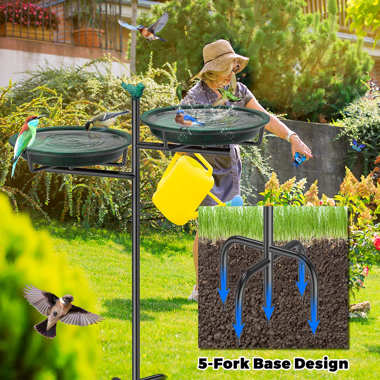 Vogeltränke Vogelbad Schale Stehend, 2-in-1 Vogelbad für Draußen Garten mit Doppelbecken für Wasser und Futter, Metall Vögel Vogelbecken für Gartendeko (Altgrün)