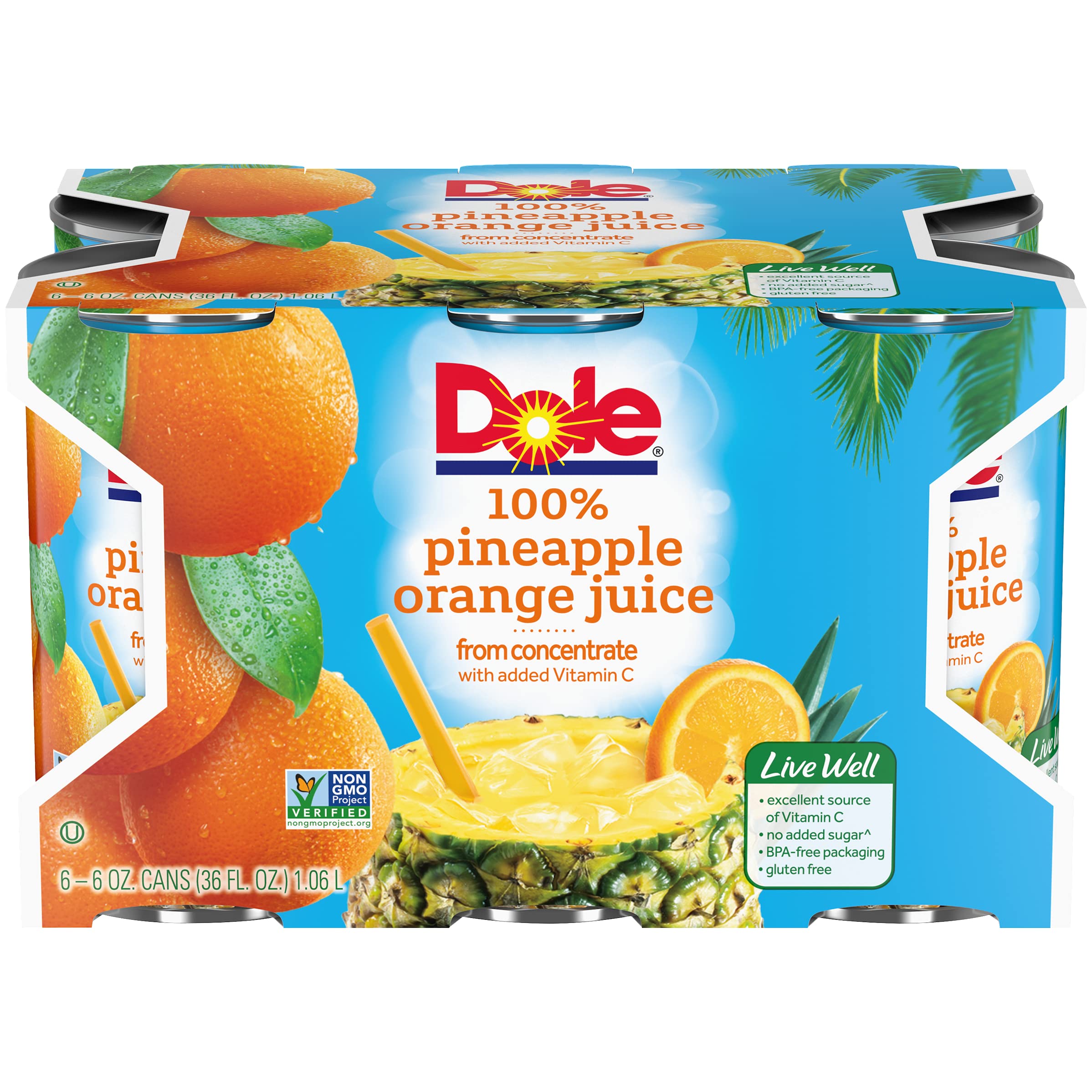 Buy Dole 100 Pineapple Orange Juice, 6 Fl Oz, 6 Cans Online at