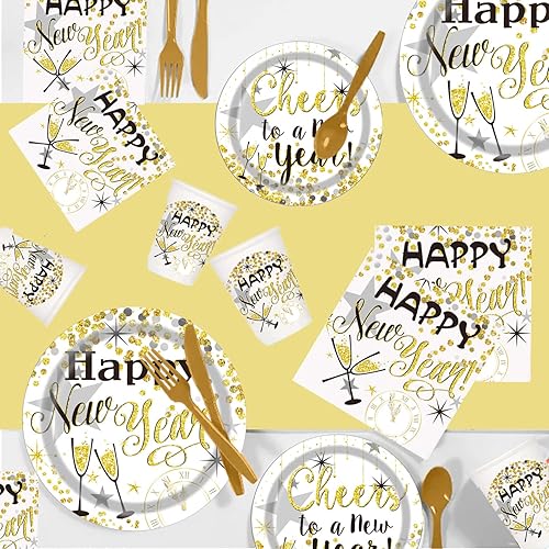 Miniatura 6 de PAMMYAN Juego de vajilla para fiesta de Año Nuevo 2024  Juego de vajilla desechable de 152 piezas, platos de papel dorado, servilletas, vasos,