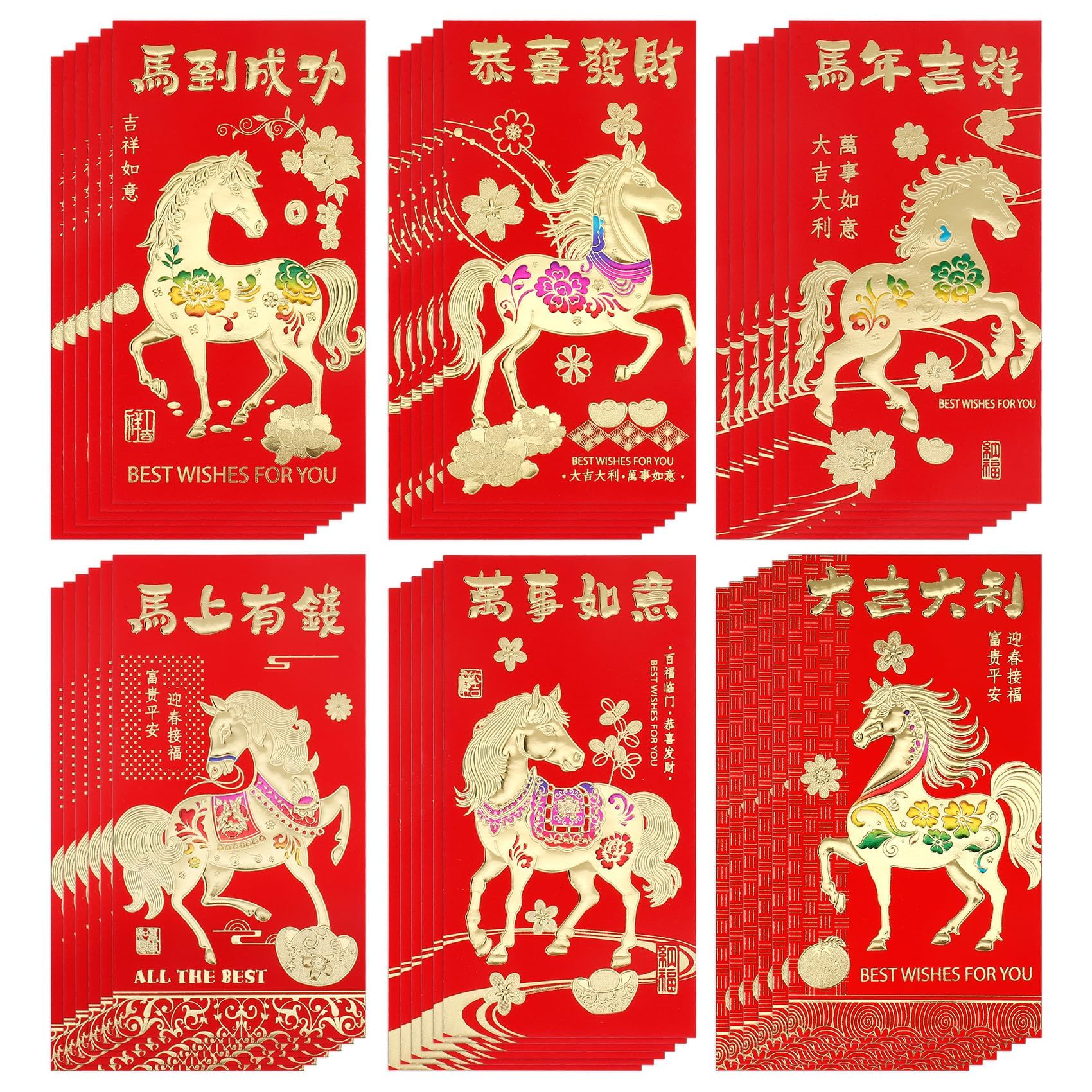 36 Pcs 6 Designs Chinese New Year Red Envelopes 2026 Horse,Chinese Style Red Envelopes,for Spring Festival,Christmas,Birthday,6 Designs 36-Pack