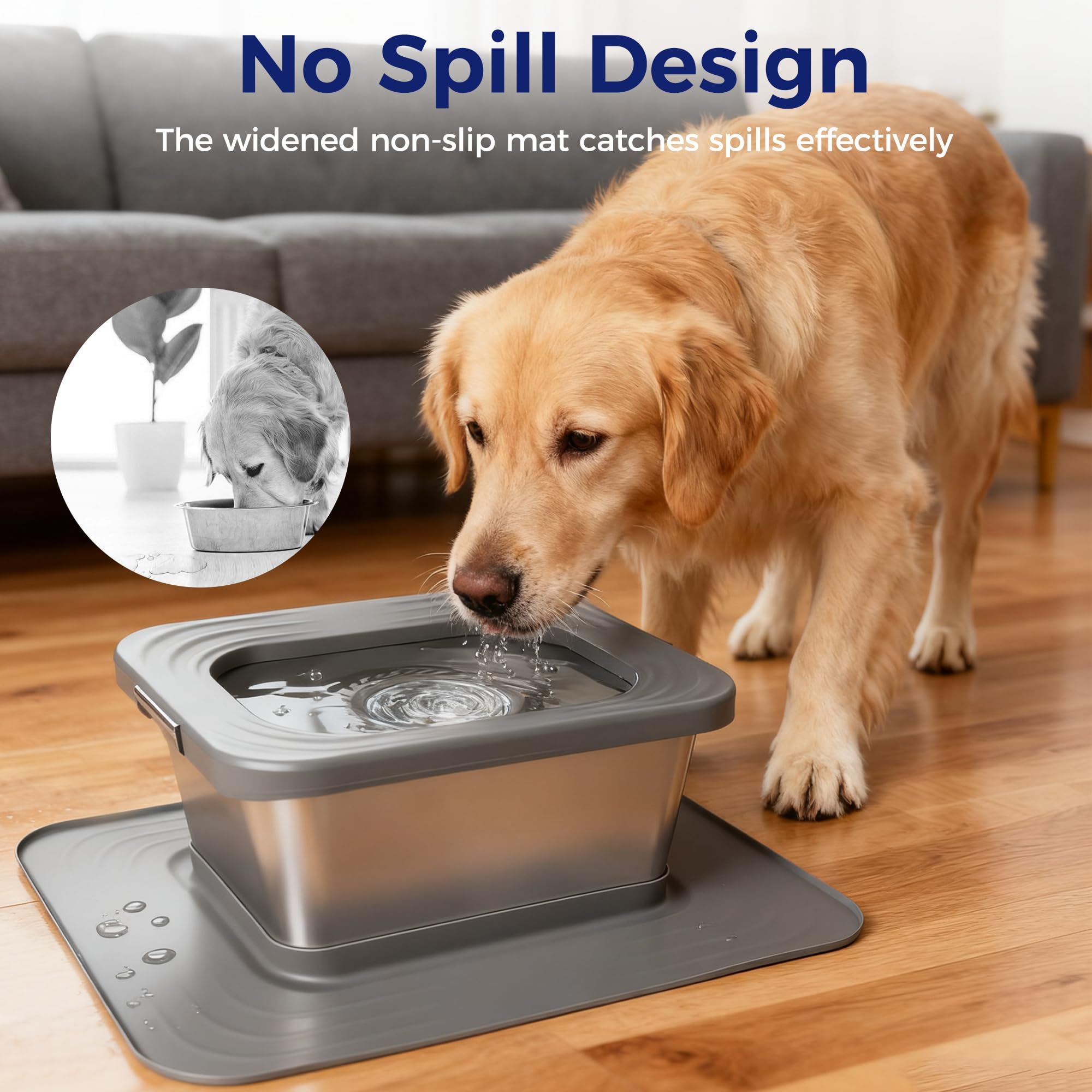Bostar Abbeveratoio per cani antigoccia in acciaio inox con tappetino in silicone XXL, ciotola lenta antiscivolo, con piatto galleggiante sigillato integrato/filtro di ricambio per cani di taglia