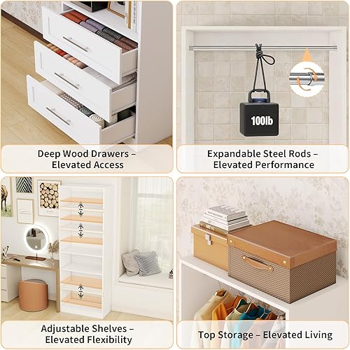 Miniatura 5 de Sistema de armario con 3 juegos, sistema organizador de armario de 189 pulgadas de largo máximo con 6 cajones y 8 estantes, sistema modular