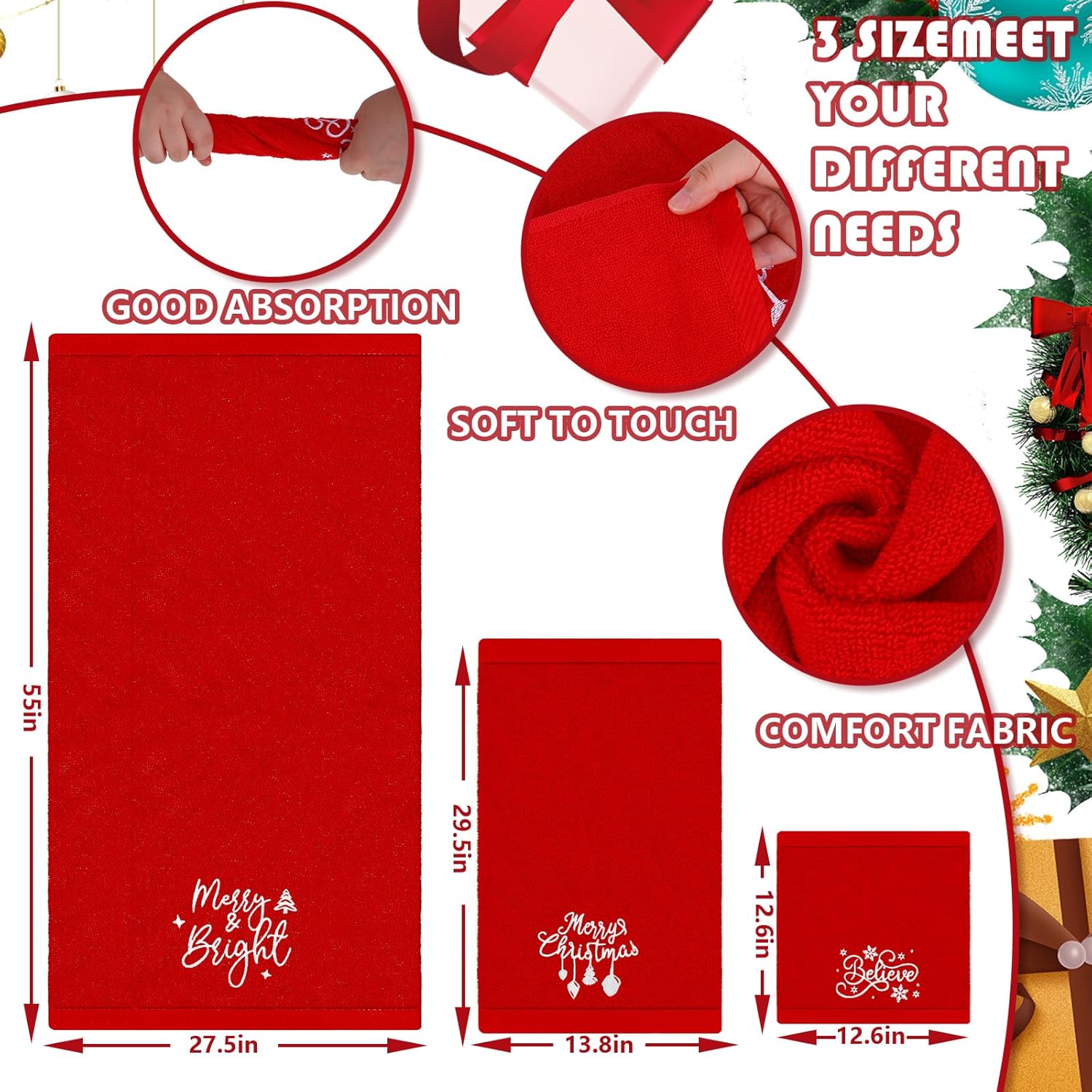 JarThenaAMCS Christmas Bathroom Towels Set of 3 Red Xmas Embroidered Cotton Bath Towel Hand Towel Wash Cloth for Holiday Hand Drying Shower Supplies